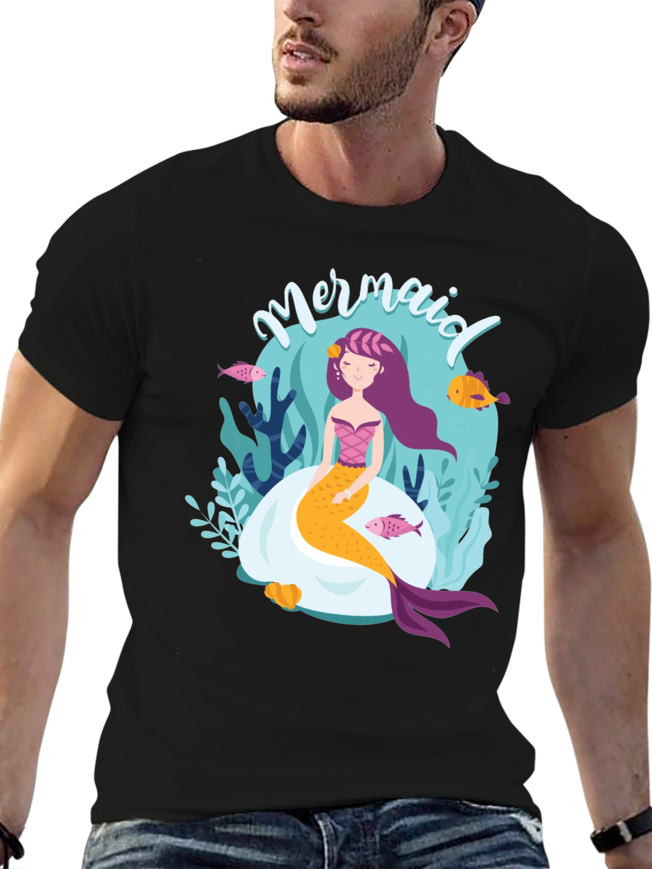 Black Mermaid Graphic Tee - Black Cotton T-Shirt view 6