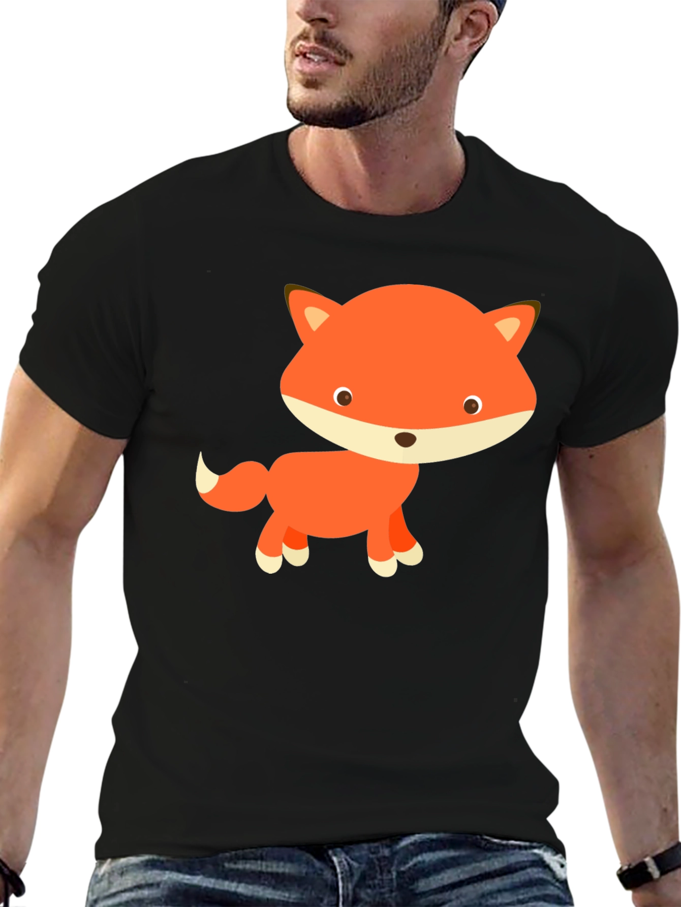 Black Cute Cartoon Fox Black T-Shirt view 6