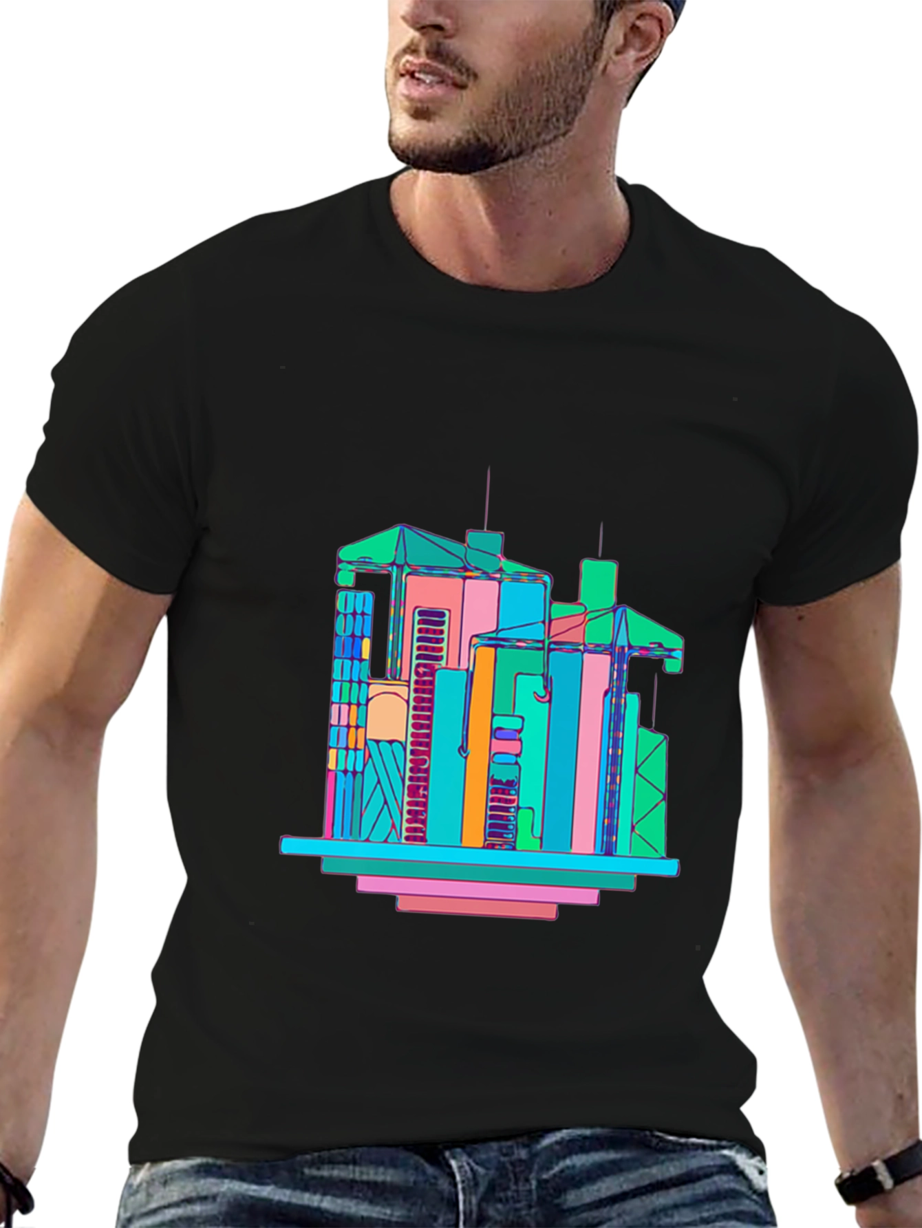 Black Abstract Building Graphic T-Shirt - Men's Black Tee view 6