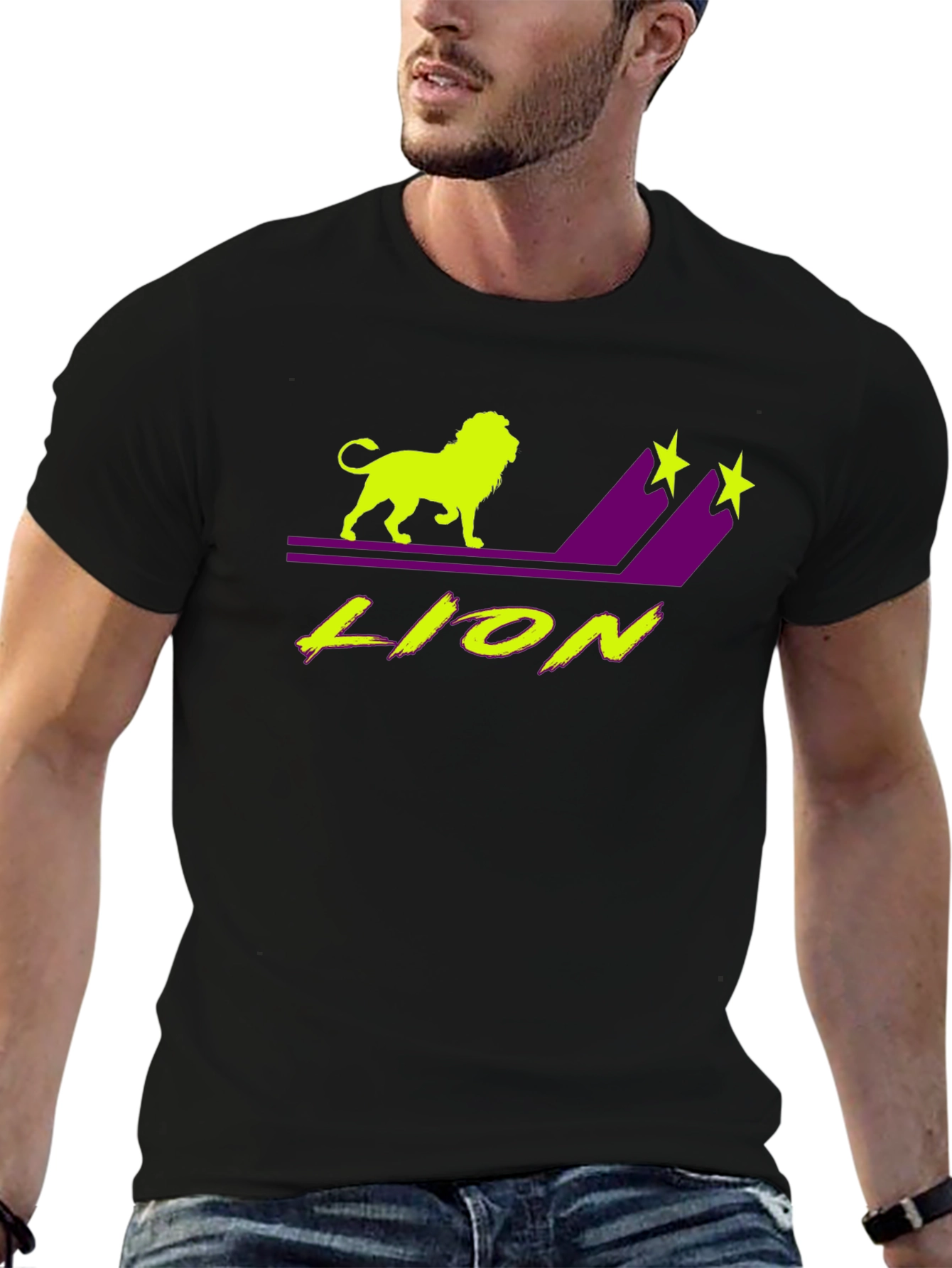 Black Lion Graphic T-Shirt - Black Tee with Neon Design view 6
