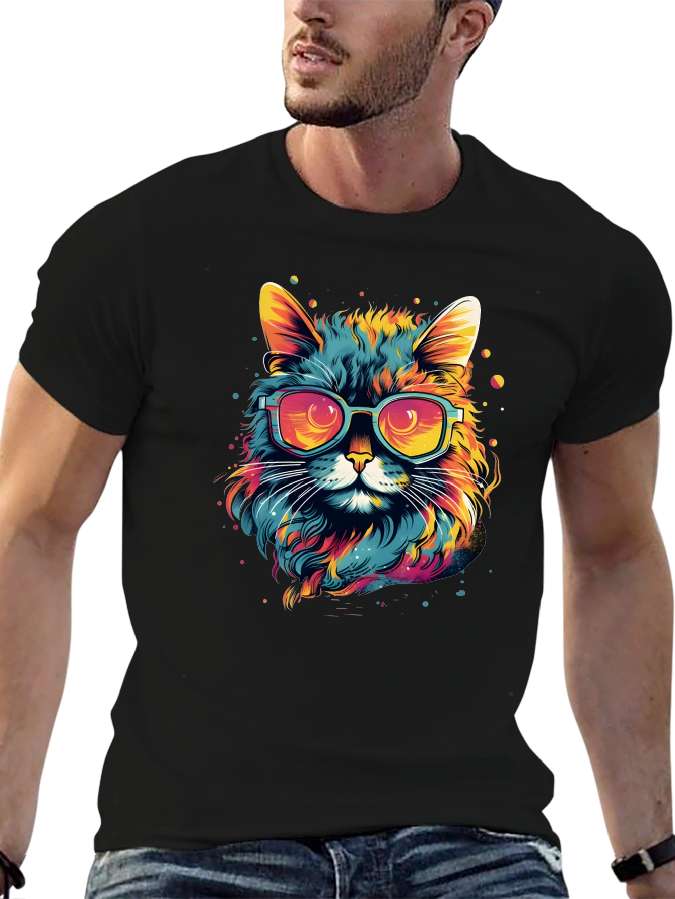 Black Cool Cat Graphic T-Shirt - Colorful Design view 6