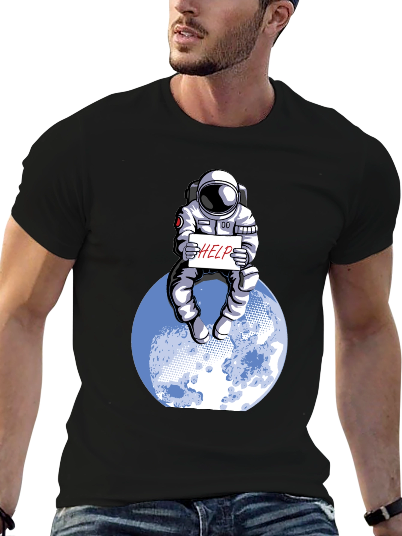 Black Astronaut 'Help' Graphic Tee - Space Humor T-Shirt view 6