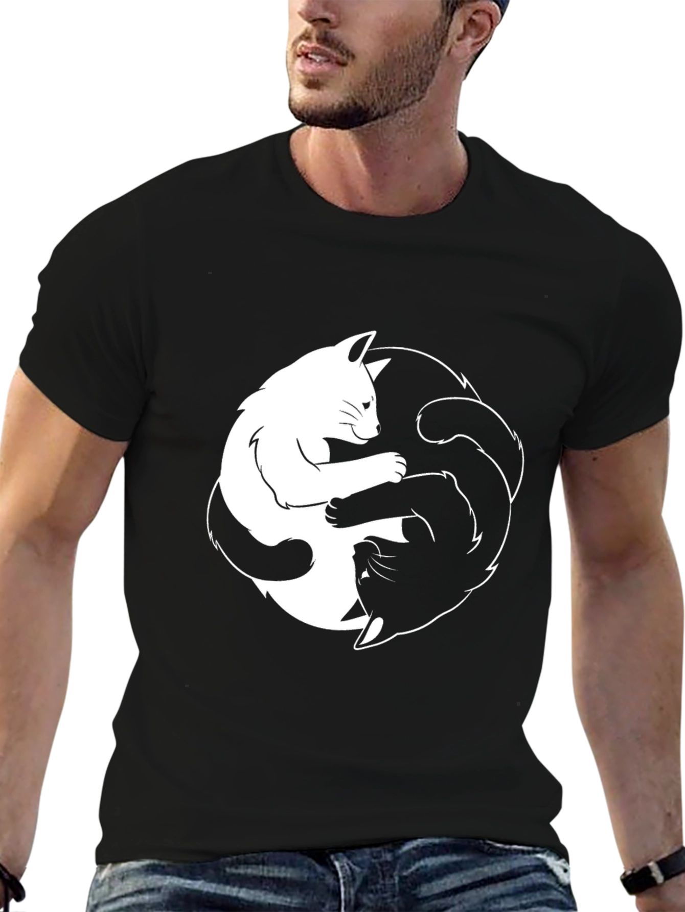 Black Yin Yang Cats Black T-Shirt - Balance & Harmony view 6