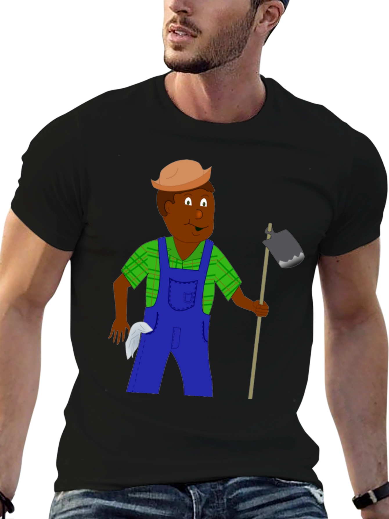 Black Cartoon Farmer Graphic Tee - Black Unisex T-Shirt view 6