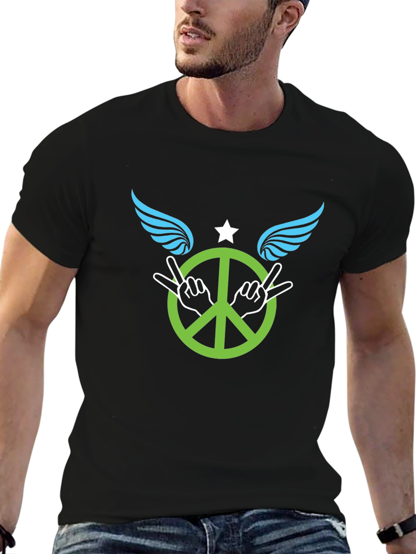 Black Peace Sign with Wings Graphic T-Shirt - Black view 6