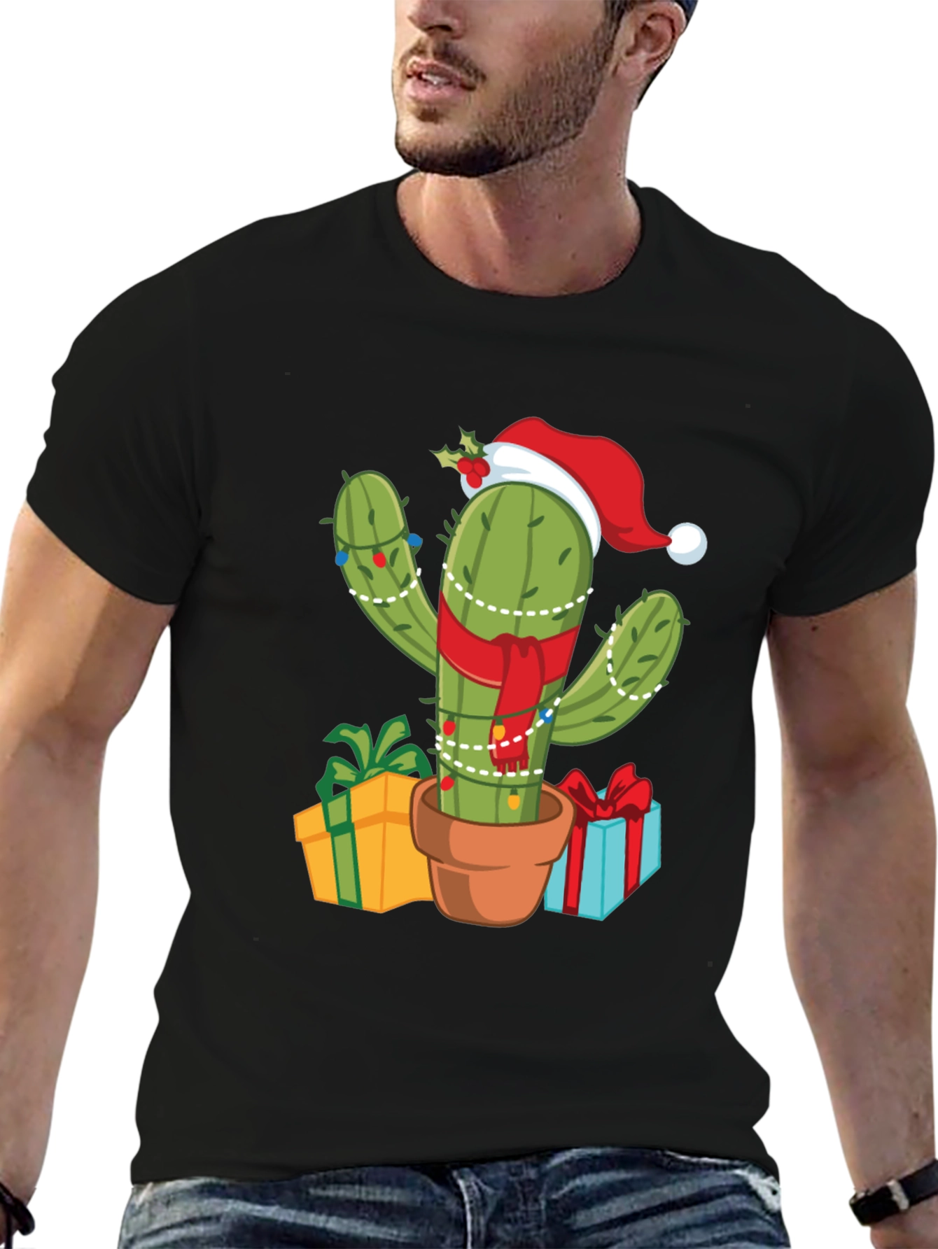 Black Festive Cactus Tee - Holiday Style! view 6