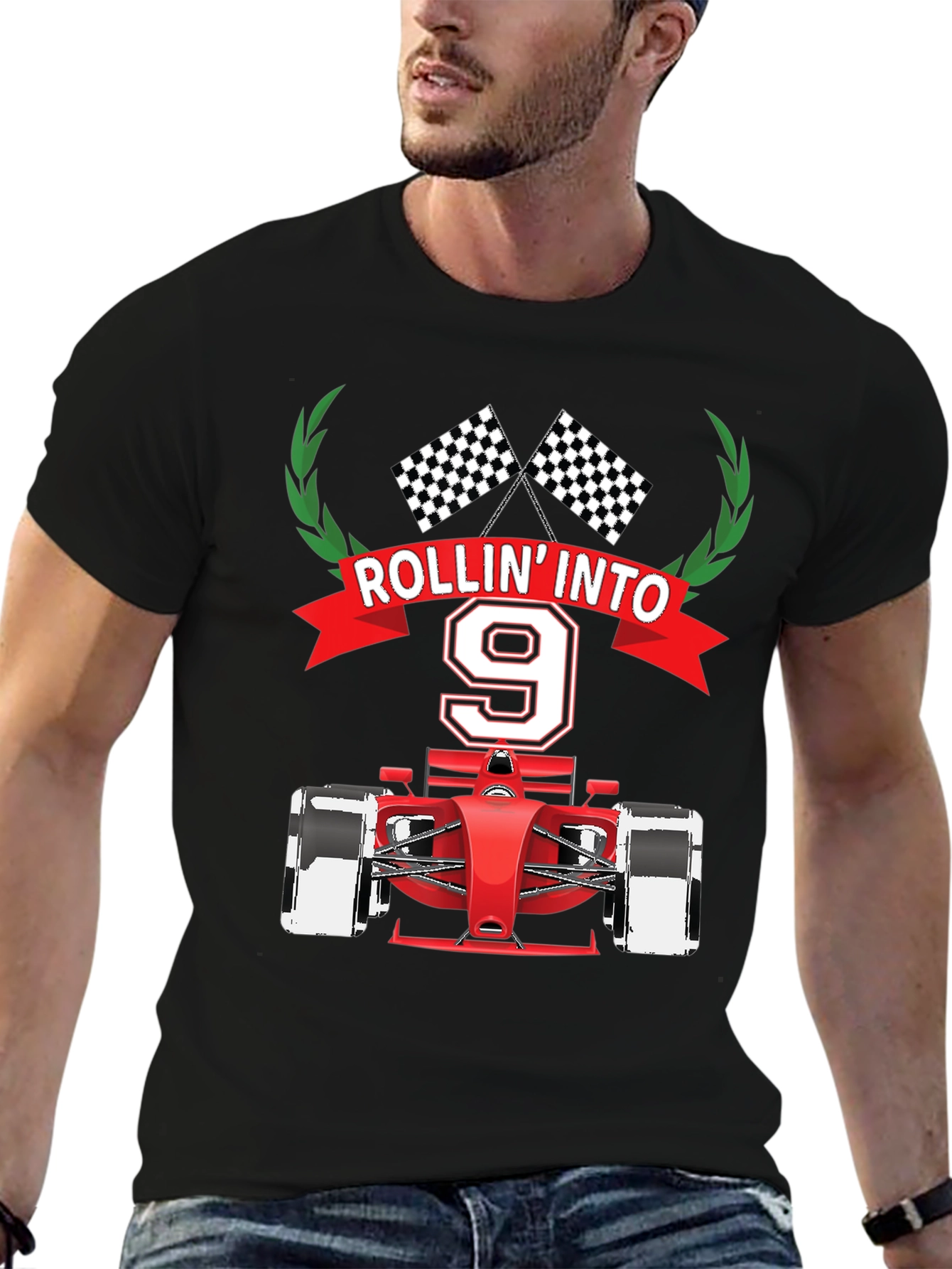 Black Rollin' Into 9 T-Shirt, Race Car Birthday Tee view 6