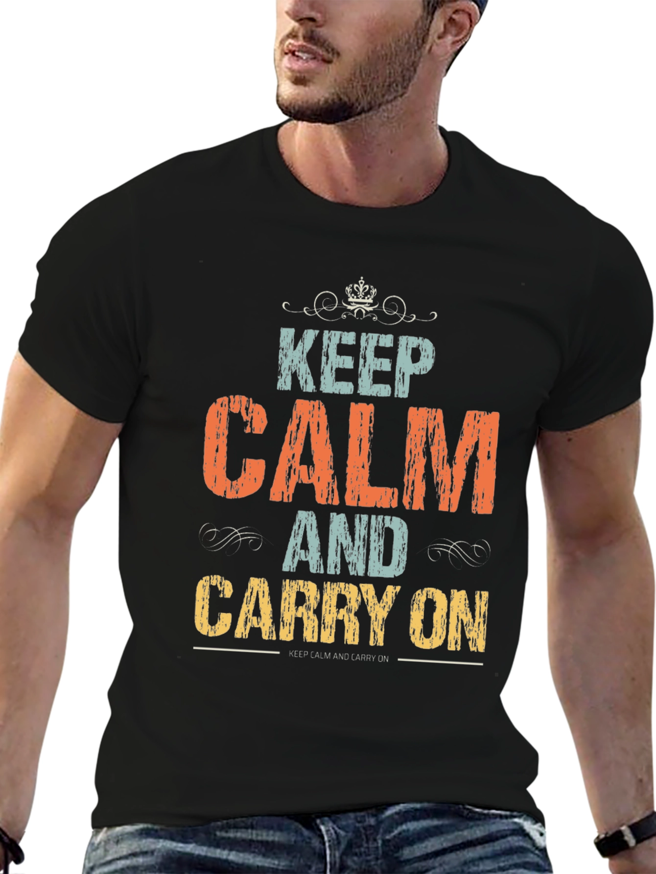 Black Keep Calm T-Shirt:  Vintage Style Graphic Tee view 6