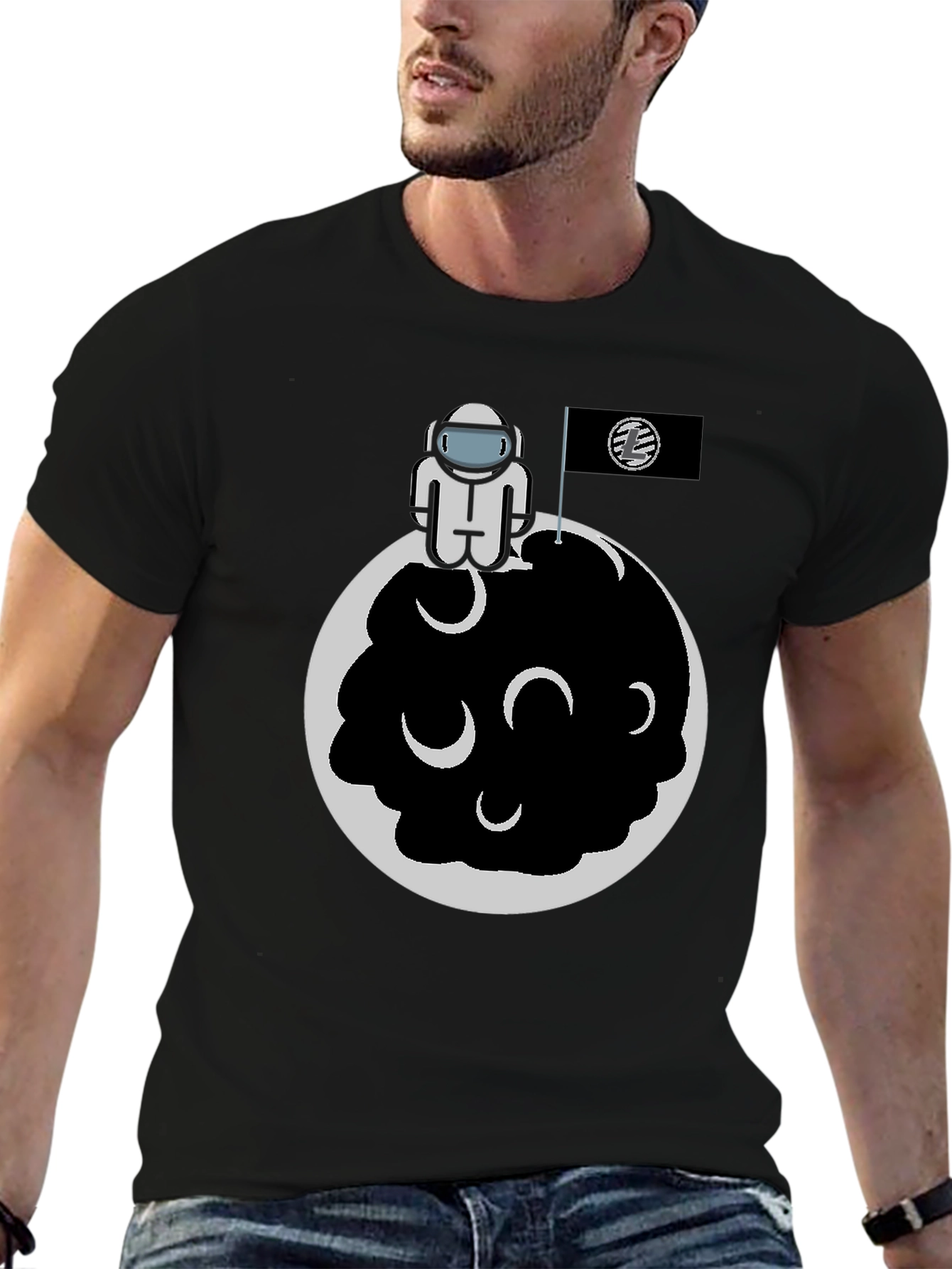 Black Astronaut on Moon Graphic Tee - Black Cotton Blend view 6