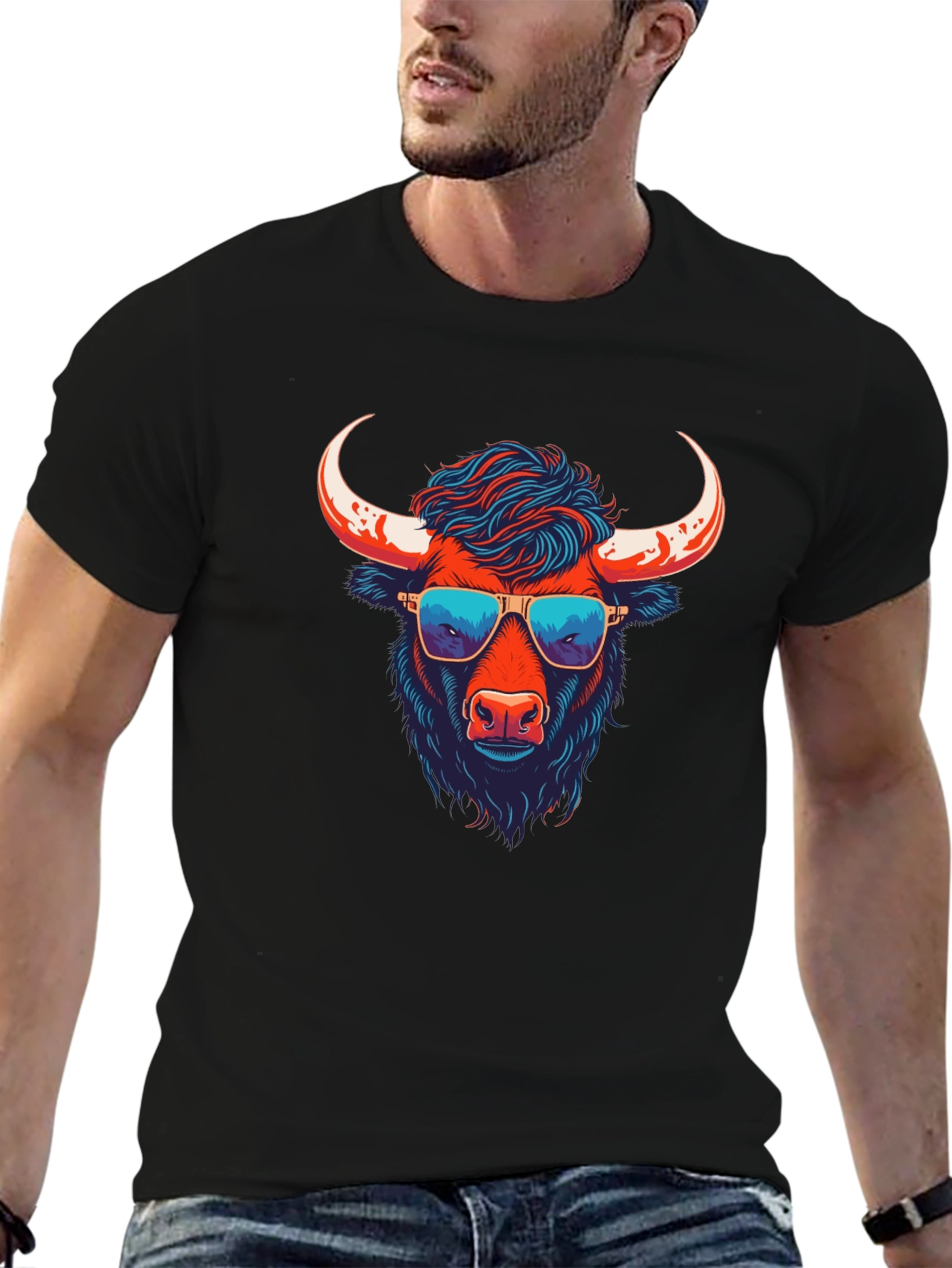Black Cool Bull Graphic Tee - Black Cotton Blend view 6