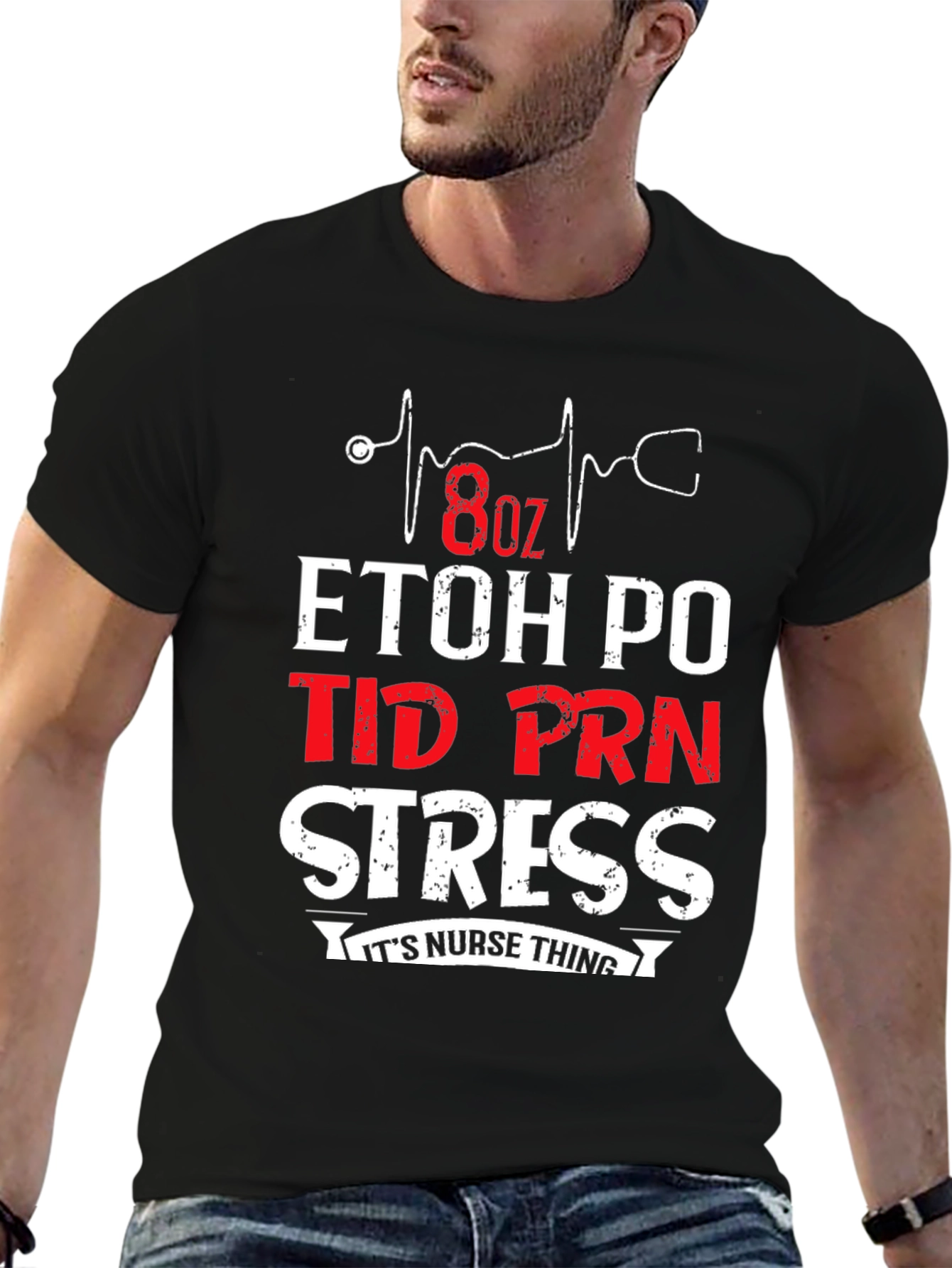 Black Nurse Humor T-Shirt: 8oz ETOH PO TID PRN Stress view 6