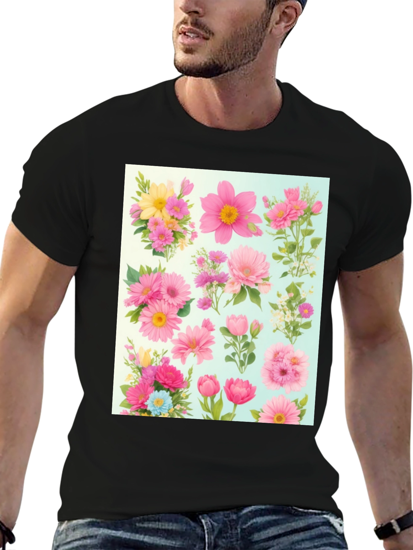 Black Floral Print Crew Neck T-Shirt view 6