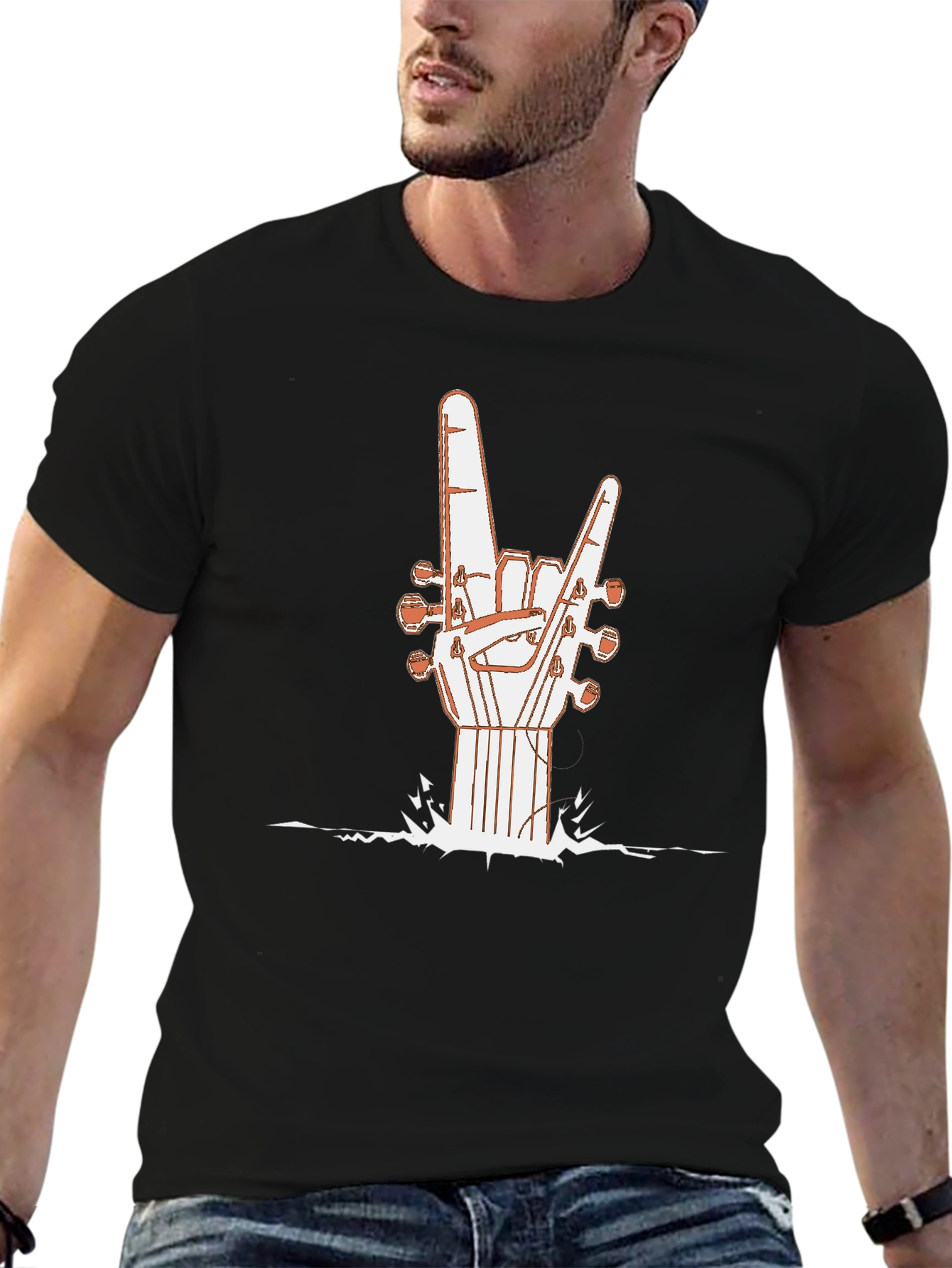 Black Rock On Guitar Hand T-Shirt - Music Lover Tee view 6