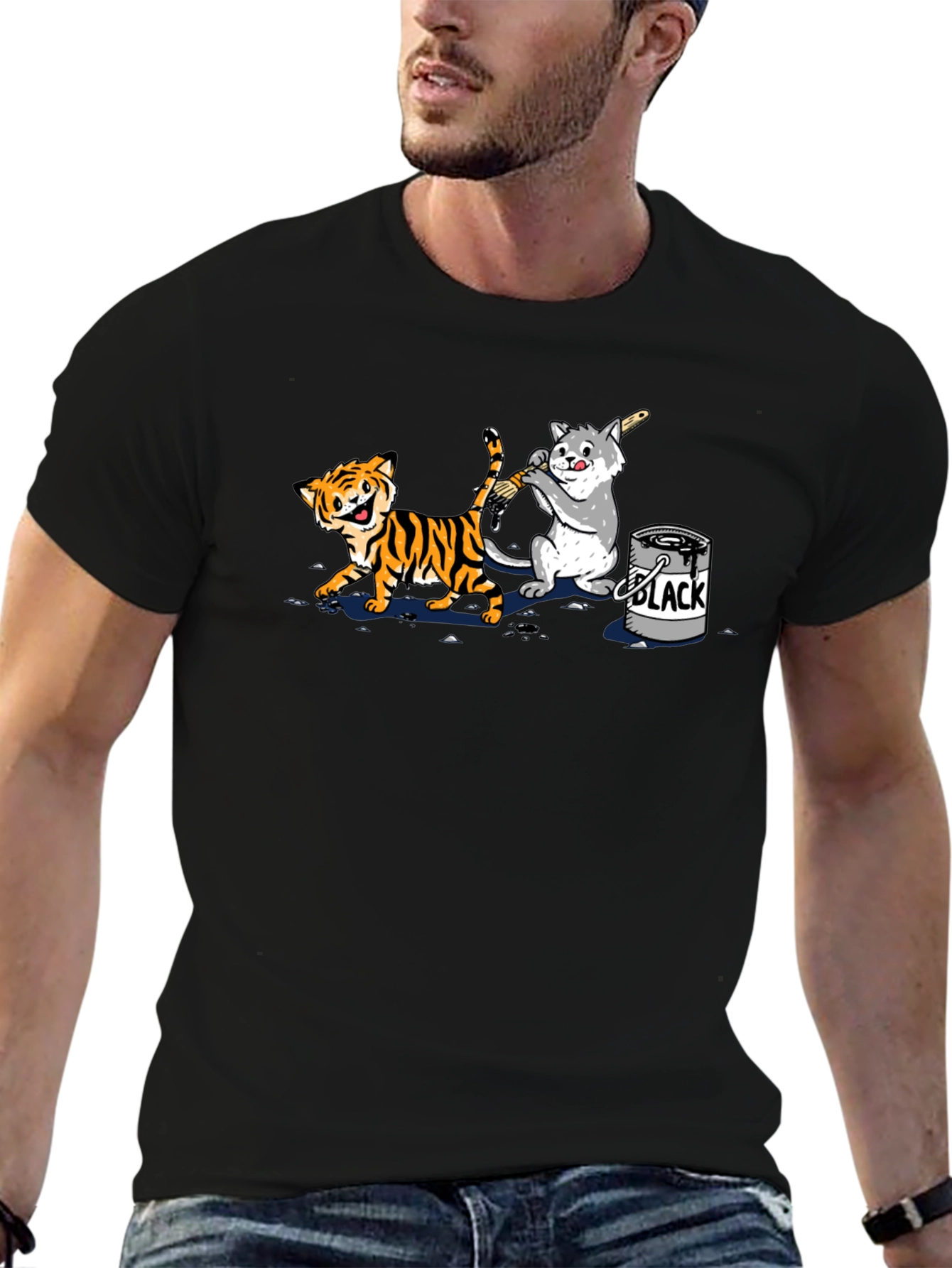 Black Funny Cartoon Cat and Tiger Black T-Shirt view 6