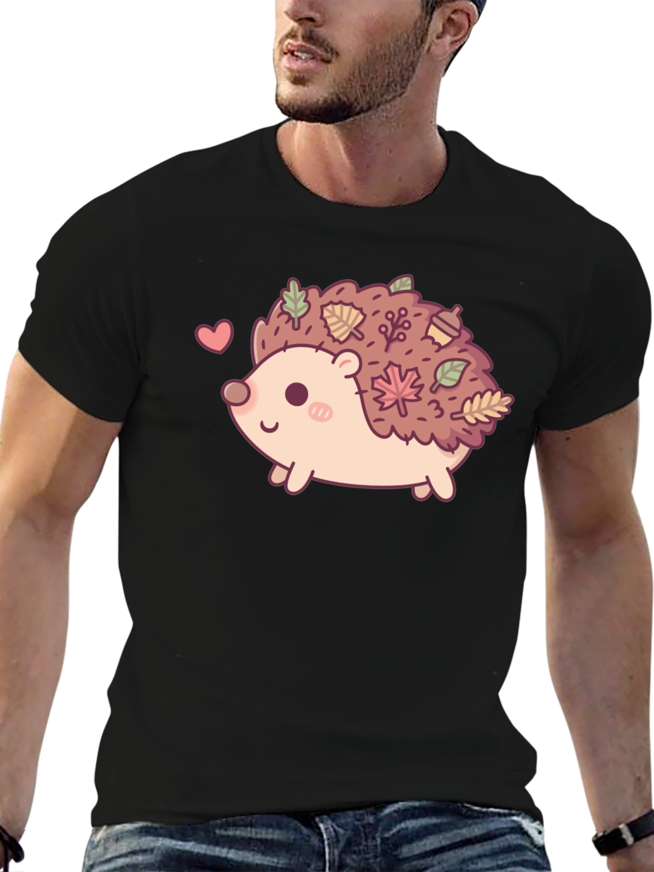 Black Cute Hedgehog Leaves Graphic Tee - Black view 6