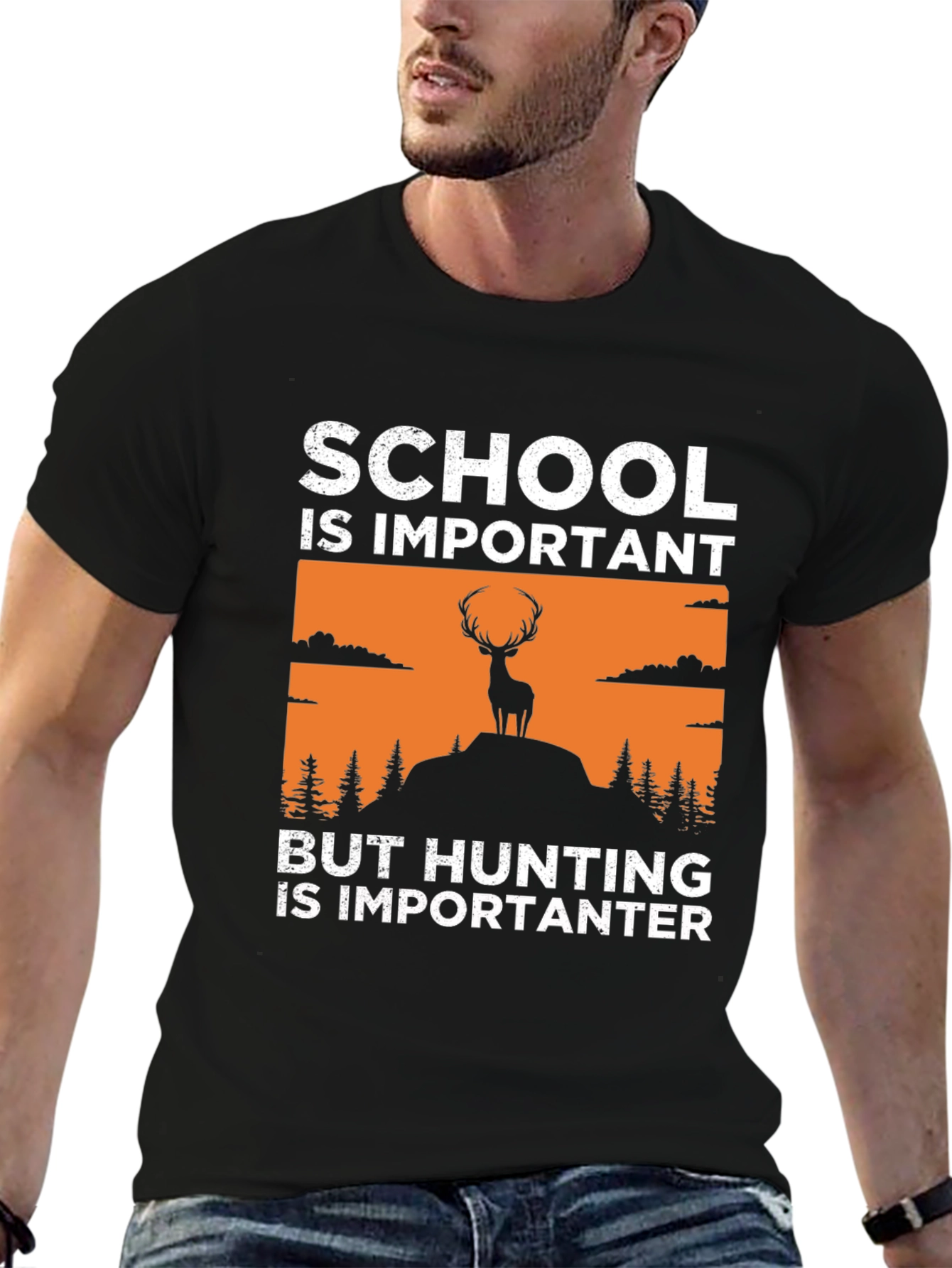 Black School Important Hunting More Importanter T-Shirt view 6