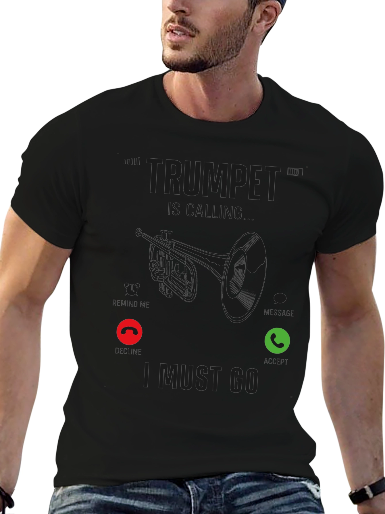 Black Trumpet Calling Black T-Shirt - Musician Humor Tee view 6