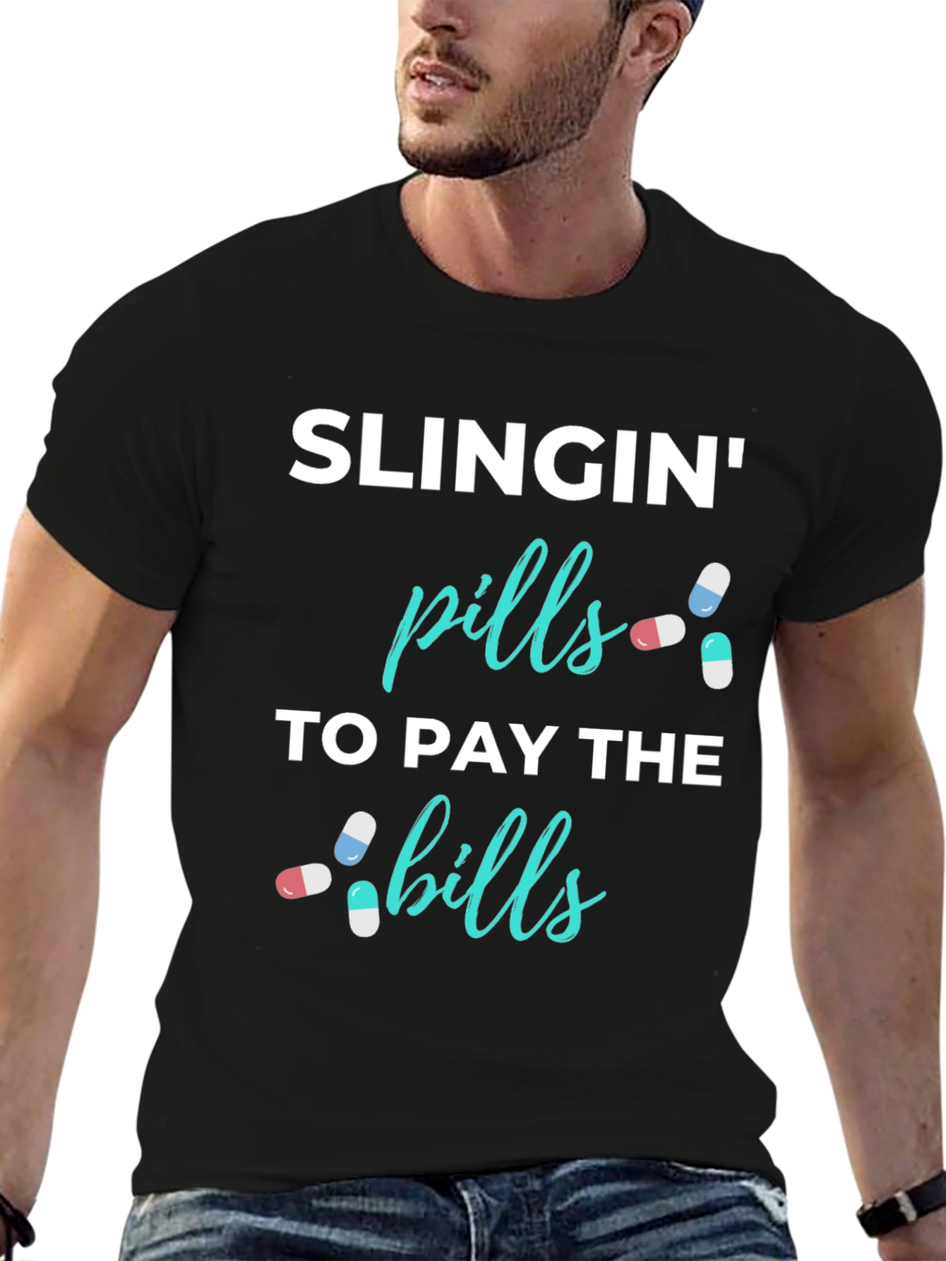 Black Slingin' Pills Funny Graphic T-Shirt view 6
