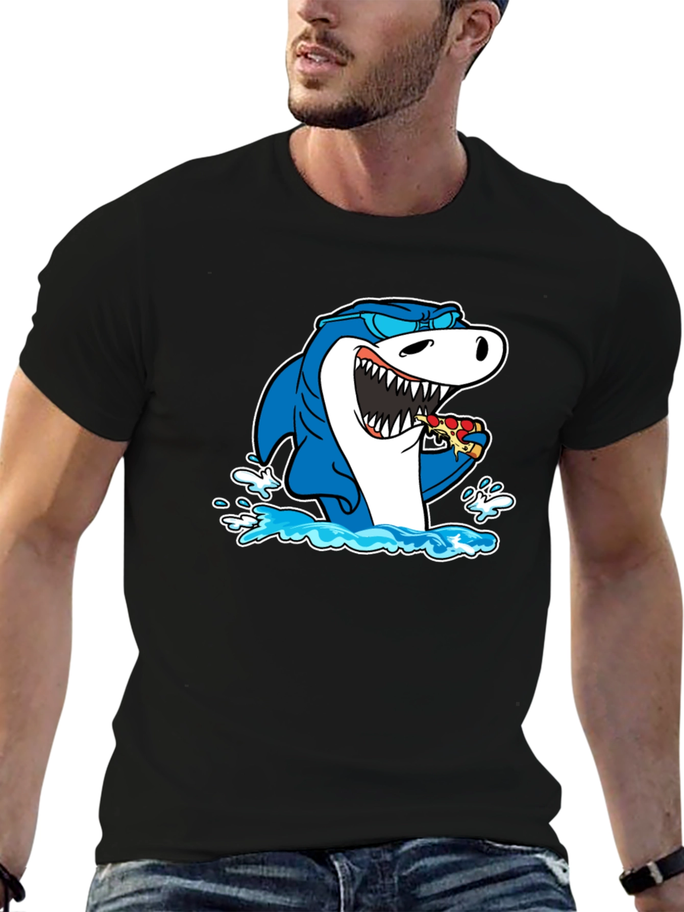 Black Shark Eating Pizza T-Shirt - Black Cotton Graphic Tee view 6