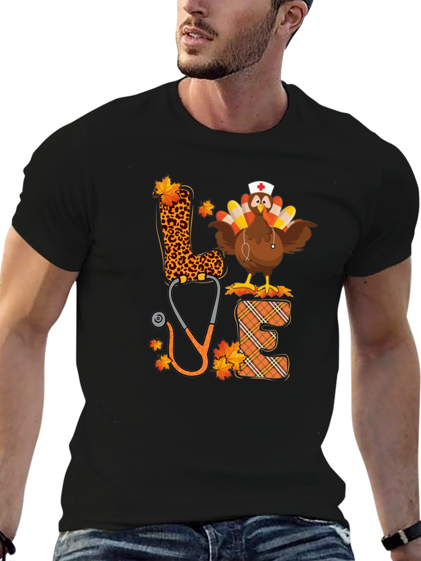 Black Turkey Nurse Love T-Shirt - Fall Thanksgiving Apparel view 6