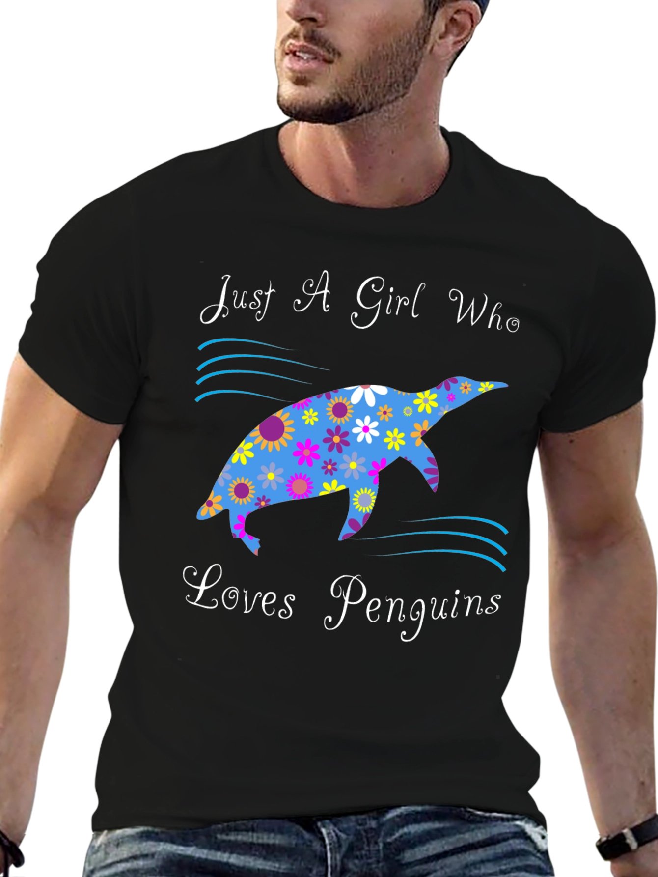 Black Just A Girl Who Loves Penguins Graphic Tee view 6
