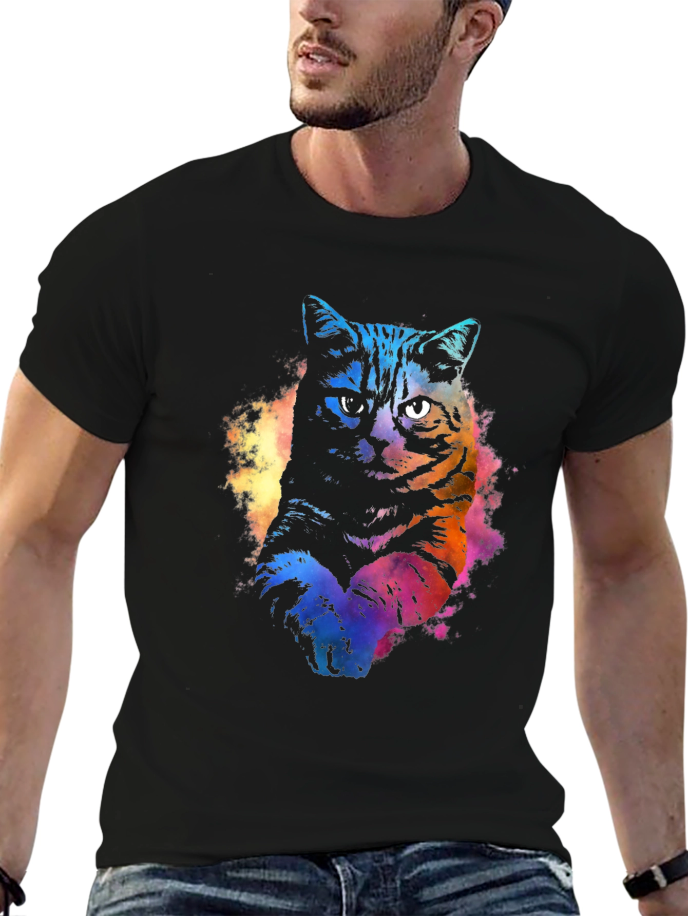 Black Watercolor Cat Graphic Black T-Shirt view 6