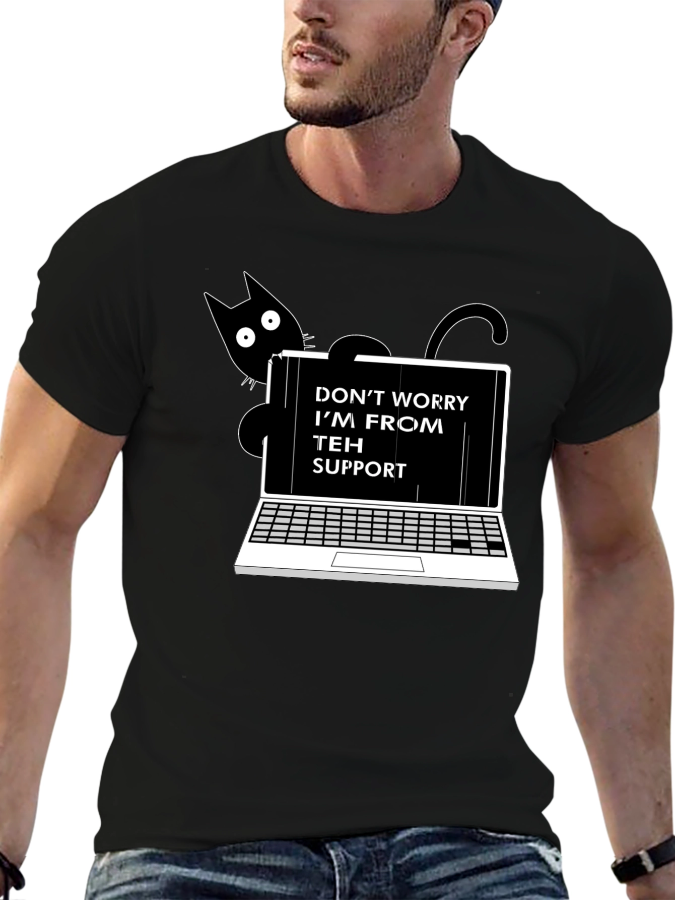 Black Funny "Teh Support" Cat Laptop Graphic Tee view 6