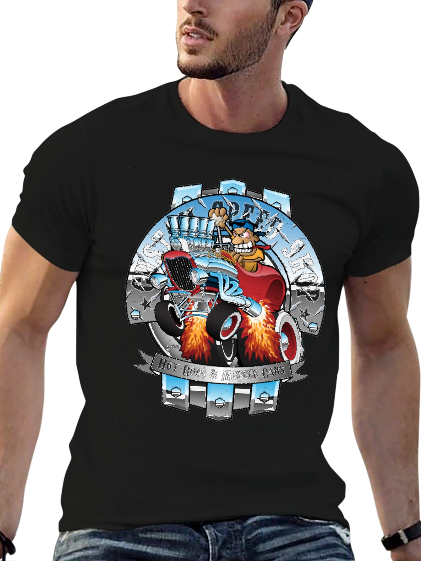 Black Hot Rods & Muscle Cars T-Shirt - Cartoon Design view 6