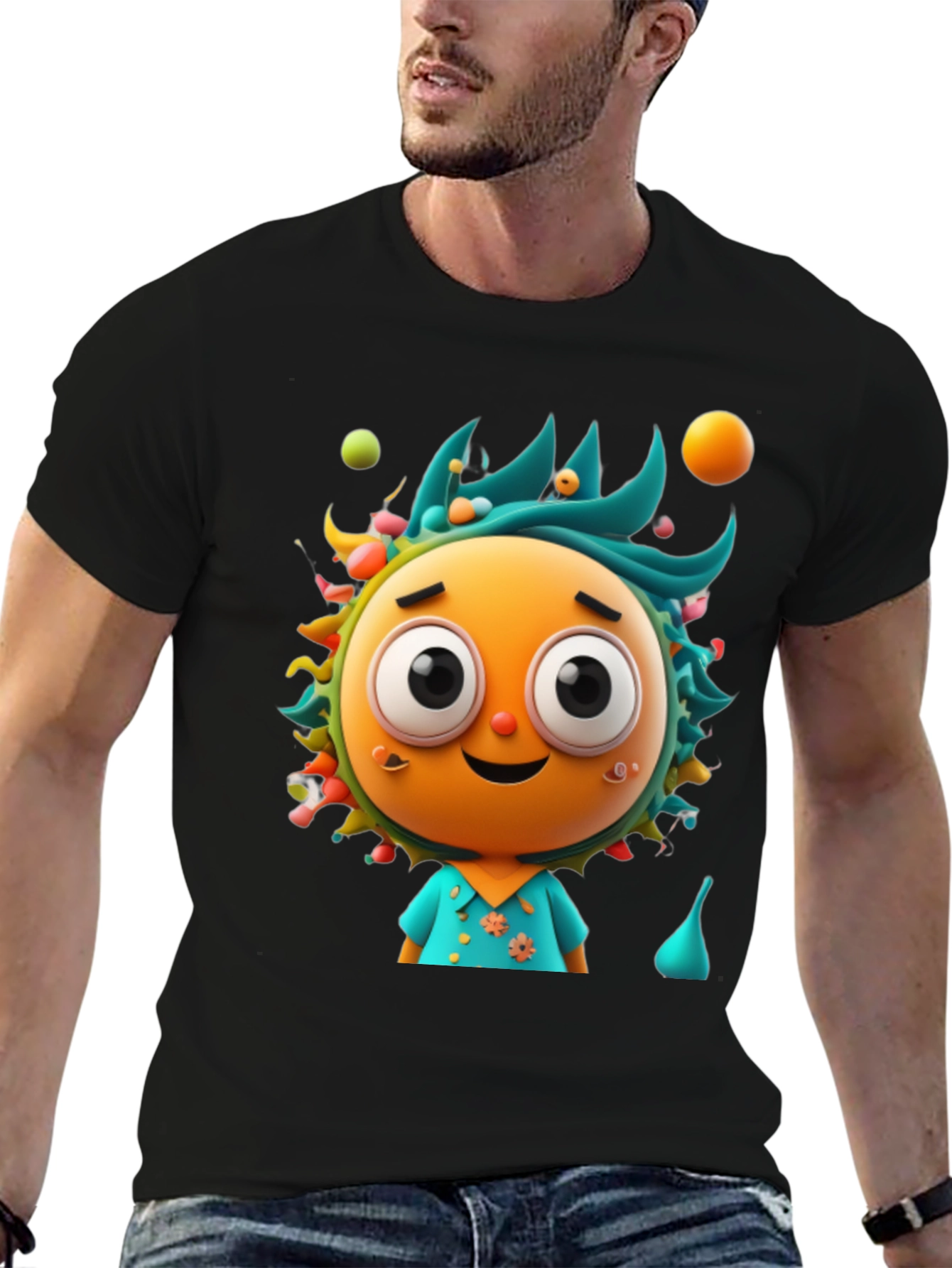 Black Whimsical Cartoon Character Graphic Tee - Black Cotton Blend view 6