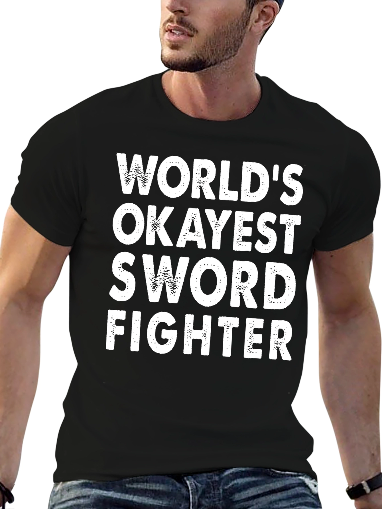 Black World's Okayest Sword Fighter Black T-Shirt view 6