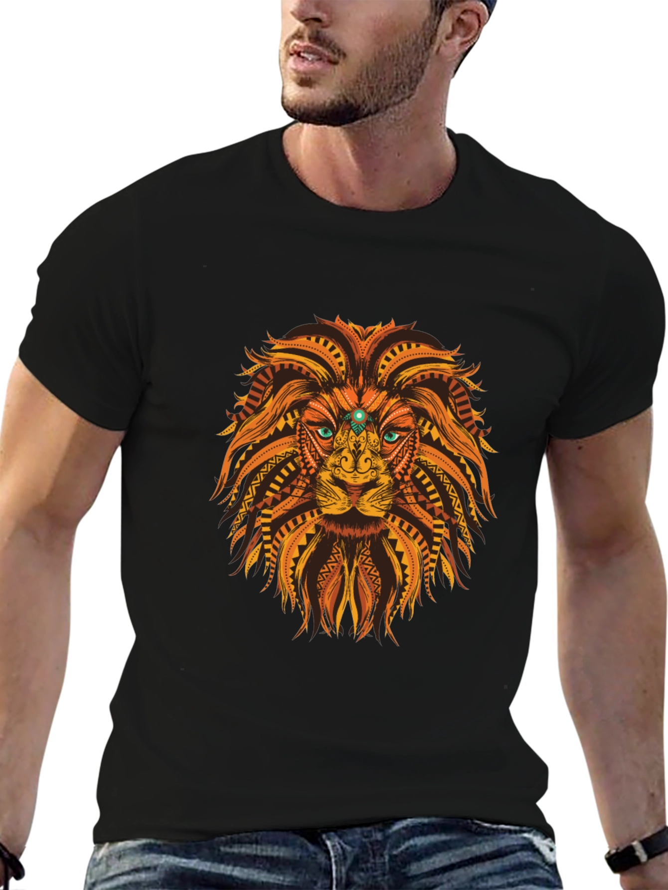 Black Tribal Lion Graphic Tee - Black Cotton T-Shirt view 6