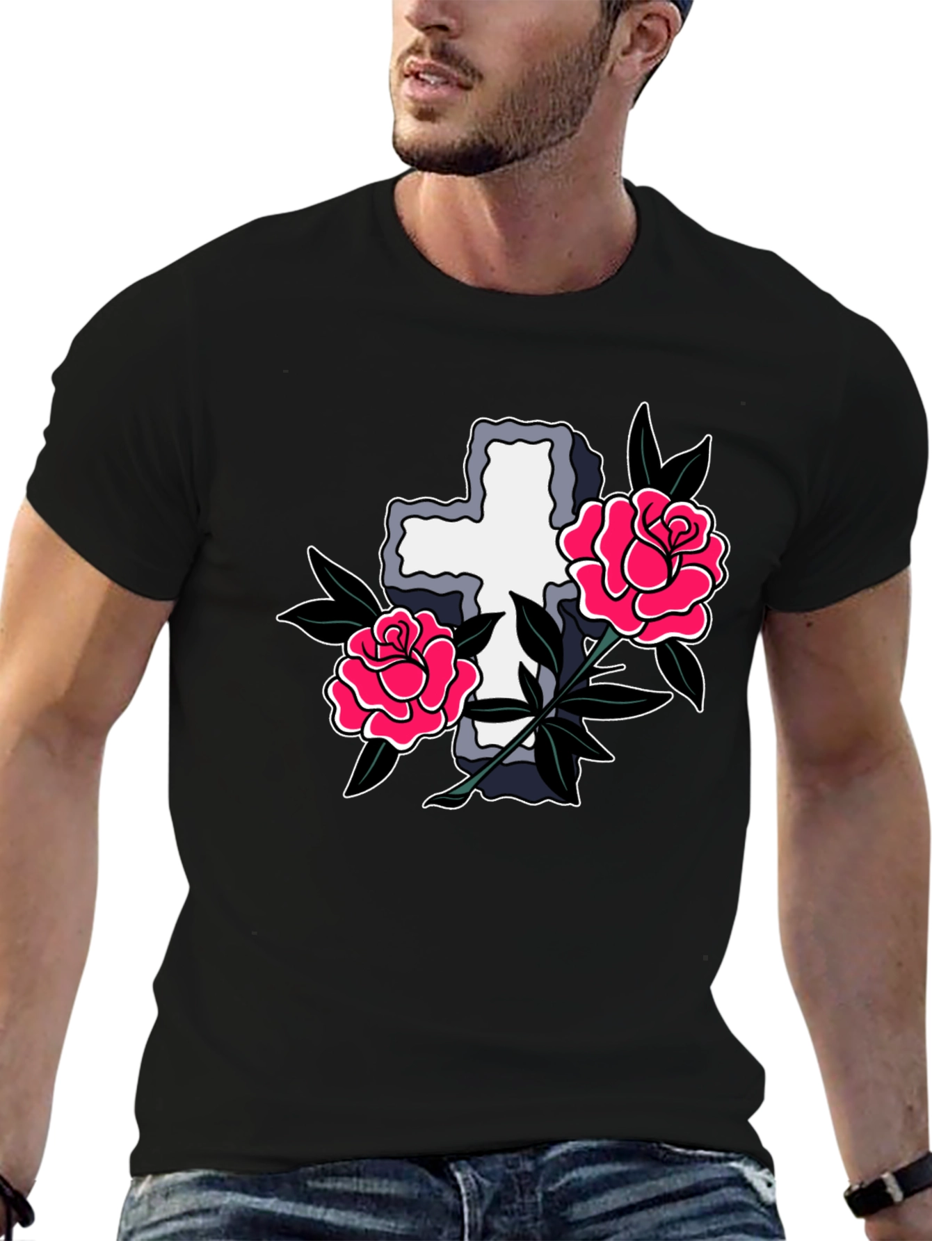 Black Cross & Roses Graphic T-Shirt - Classic Tattoo Style view 6