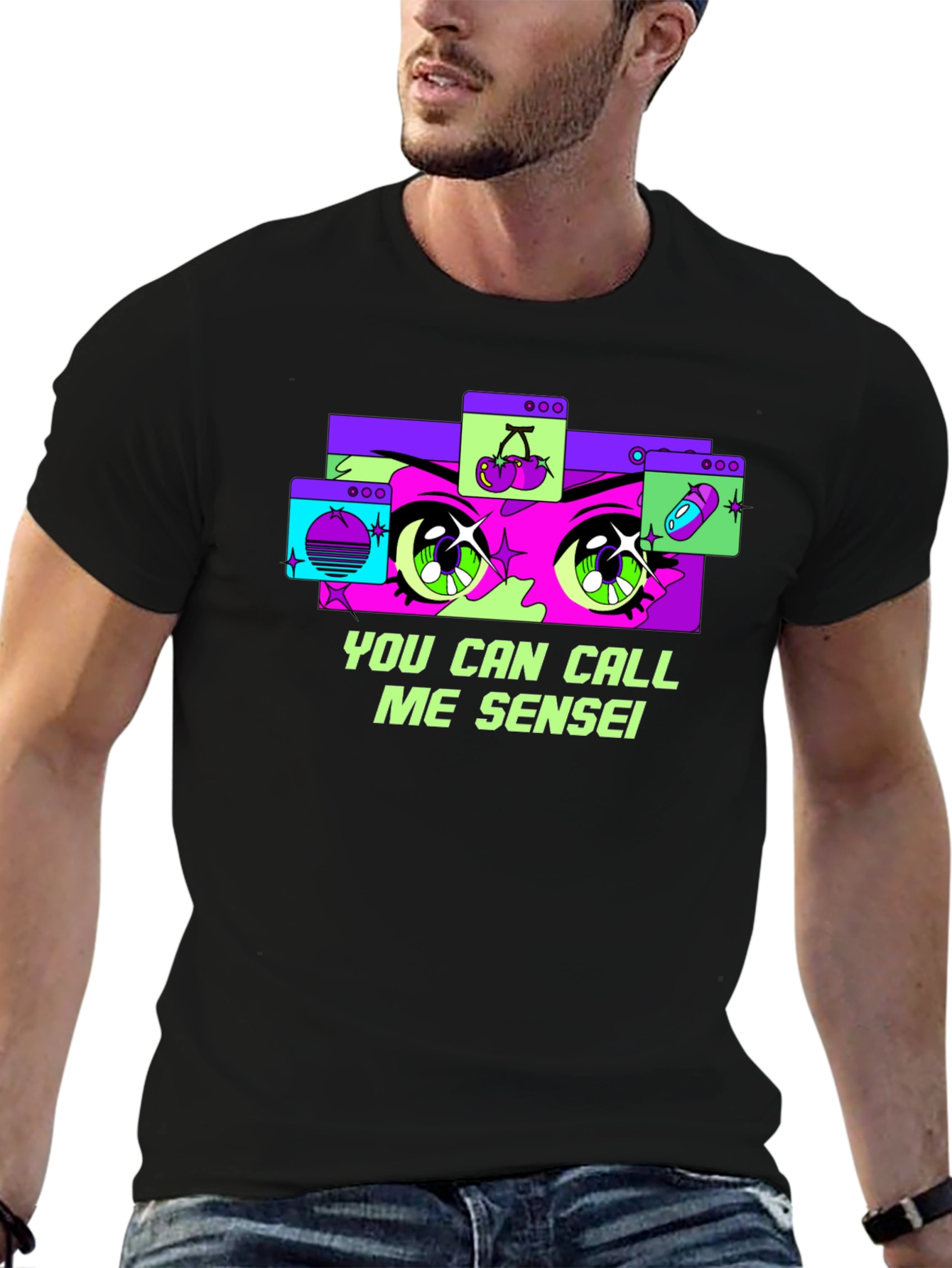 Black Anime Eyes Black T-Shirt - Call Me Sensei view 6