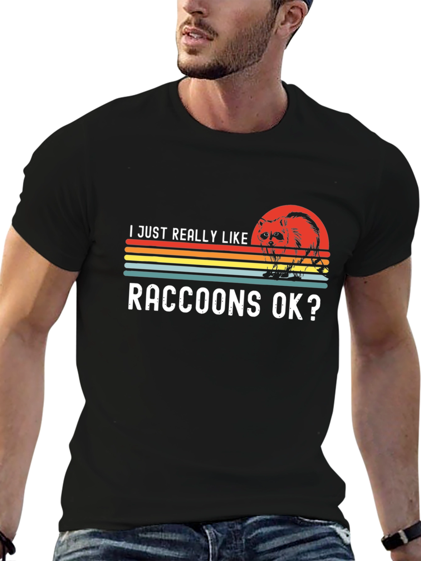 Black Raccoon Lover T-Shirt - Retro Sunset Design view 6