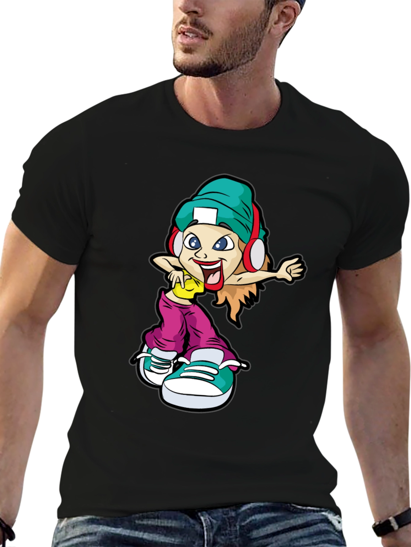 Black Cool Cartoon Girl Black T-Shirt view 6