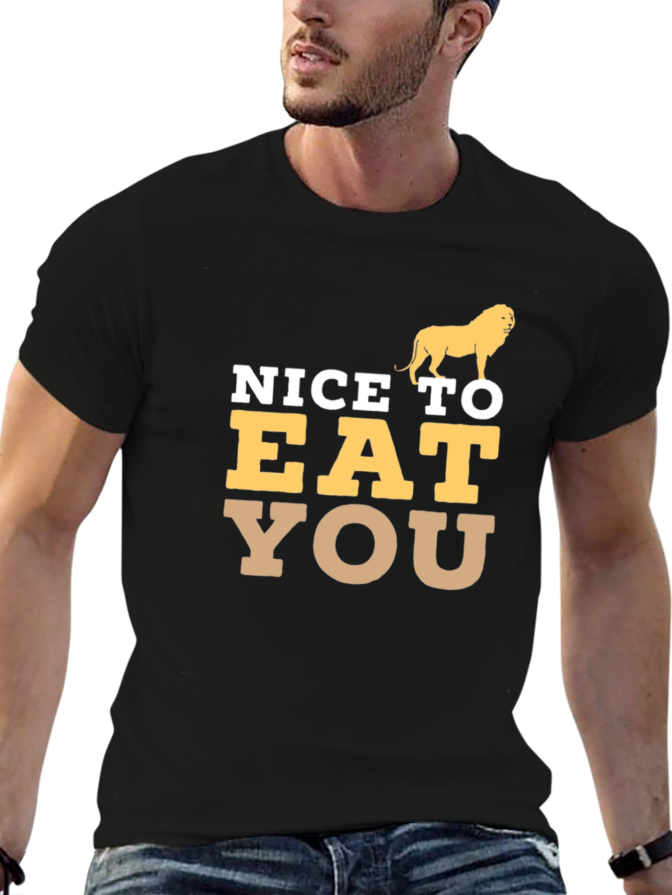 Black Funny Lion Graphic Tee - Nice To Eat You Humor T-Shirt view 6