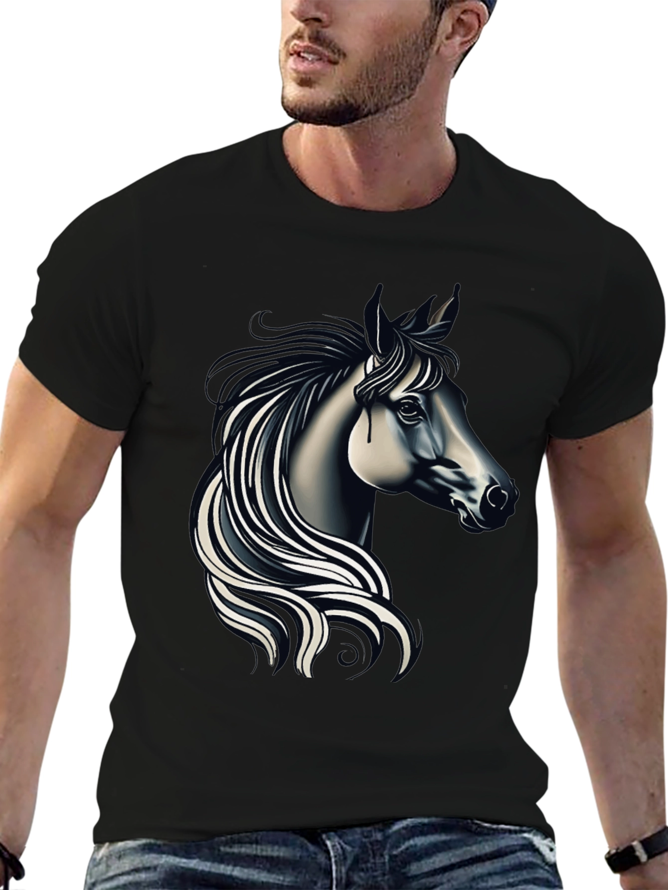 Black Black T-shirt with Elegant Horse Design view 6