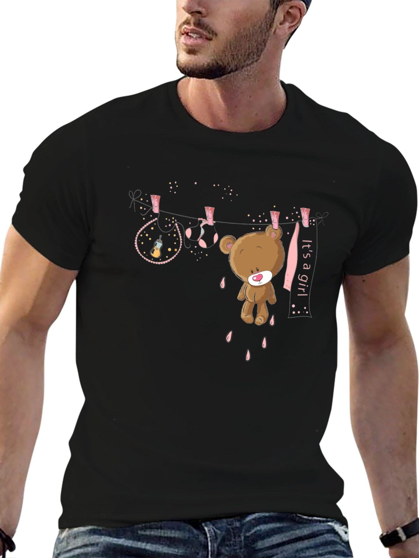 Black It's A Girl Teddy Bear Graphic T-Shirt view 6