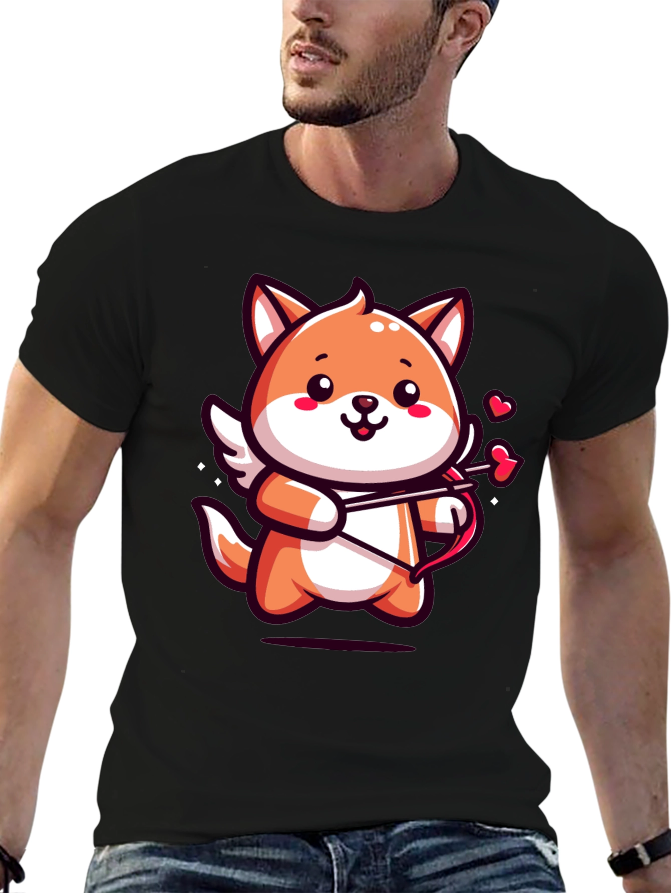 Black Cute Cupid Fox Graphic Tee - Valentine's Day Shirt view 6