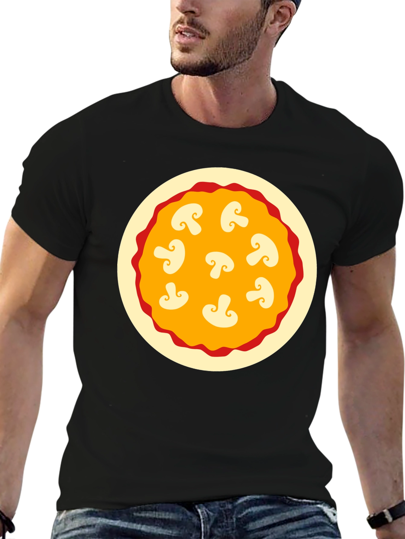 Black Mushroom Pizza Graphic Tee - Black Cotton T-Shirt view 6