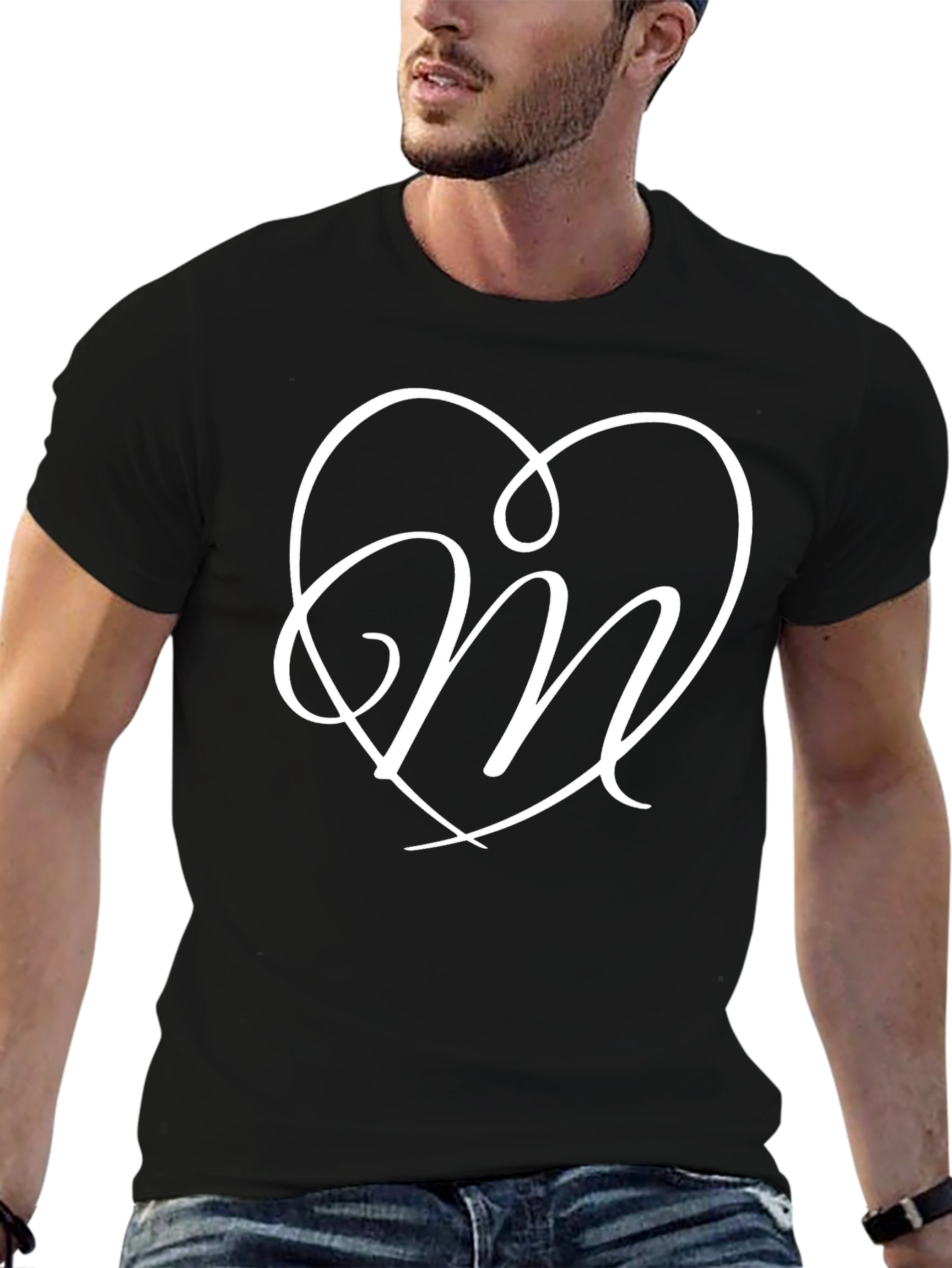 Black Heart Initial 'M' Graphic Black T-Shirt view 6