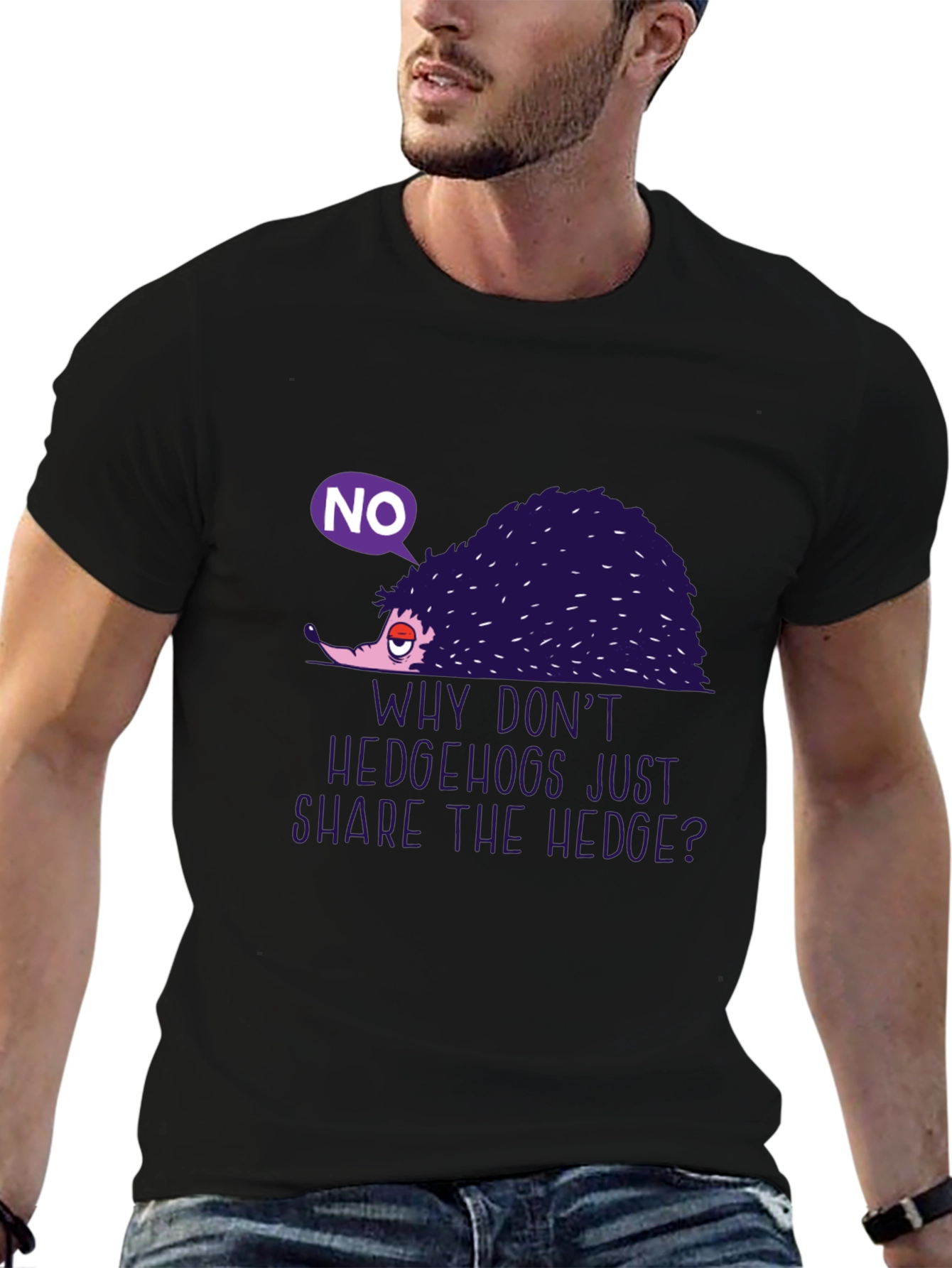 Black Humorous Hedgehog Graphic Tee - "Why Don't Hedgehogs Just Share The Hedge?" view 6