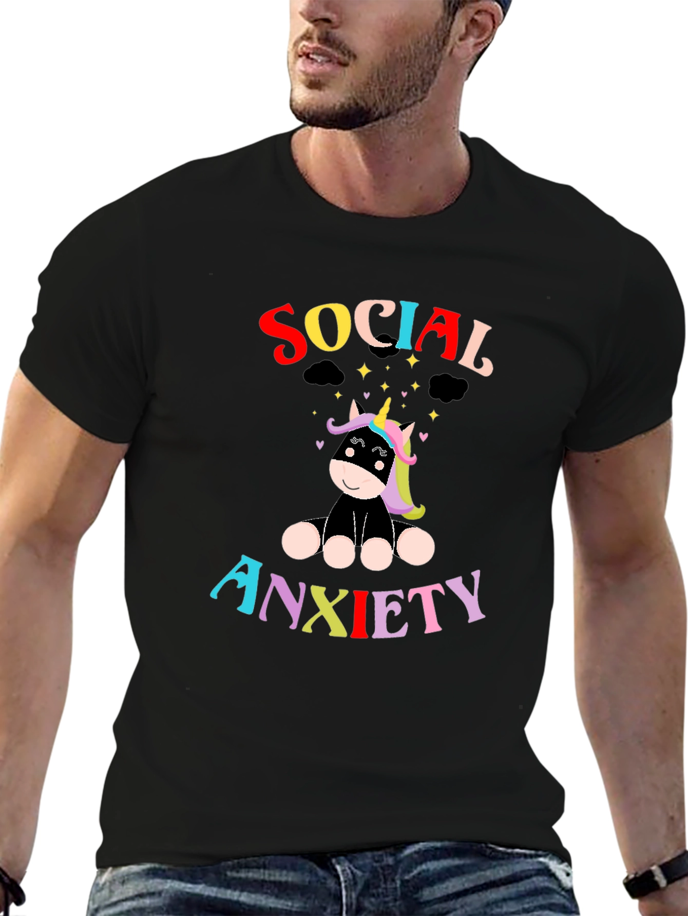 Black Social Anxiety Unicorn Graphic T-Shirt view 6