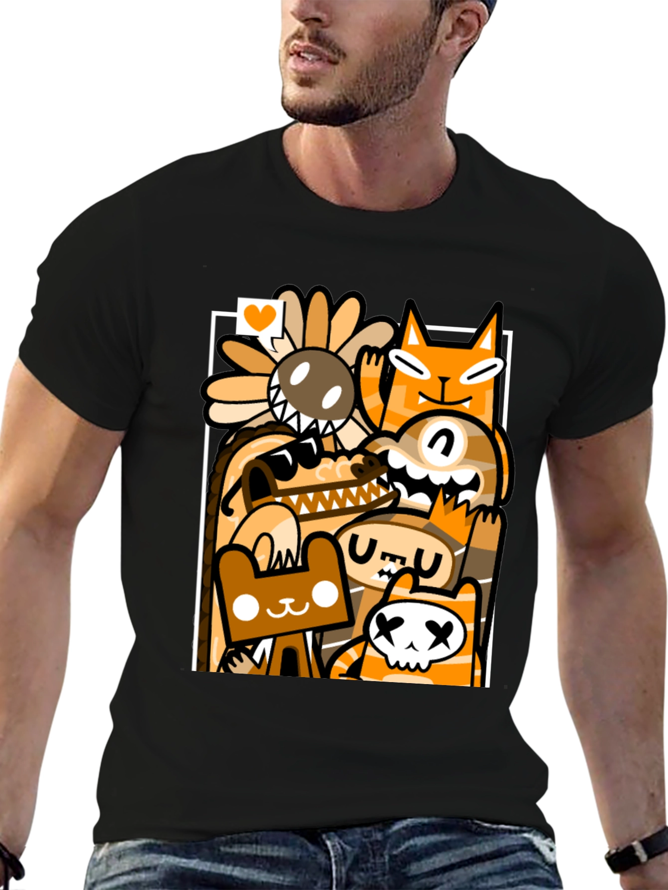 Black Cartoon Doodle Character Graphic Black T-Shirt view 6