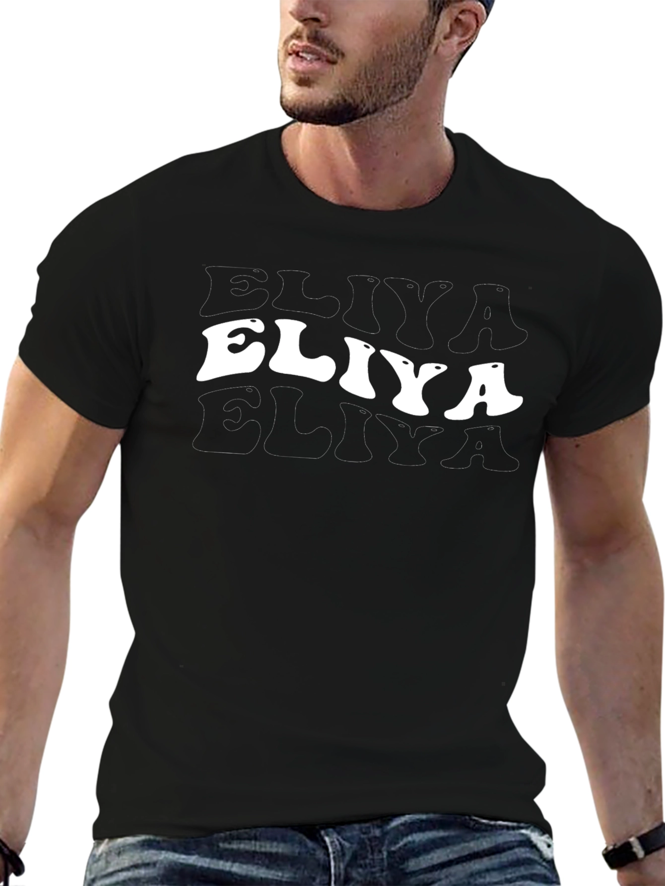 Black Eliya T-Shirt: Retro Groovy Font Black Tee view 6