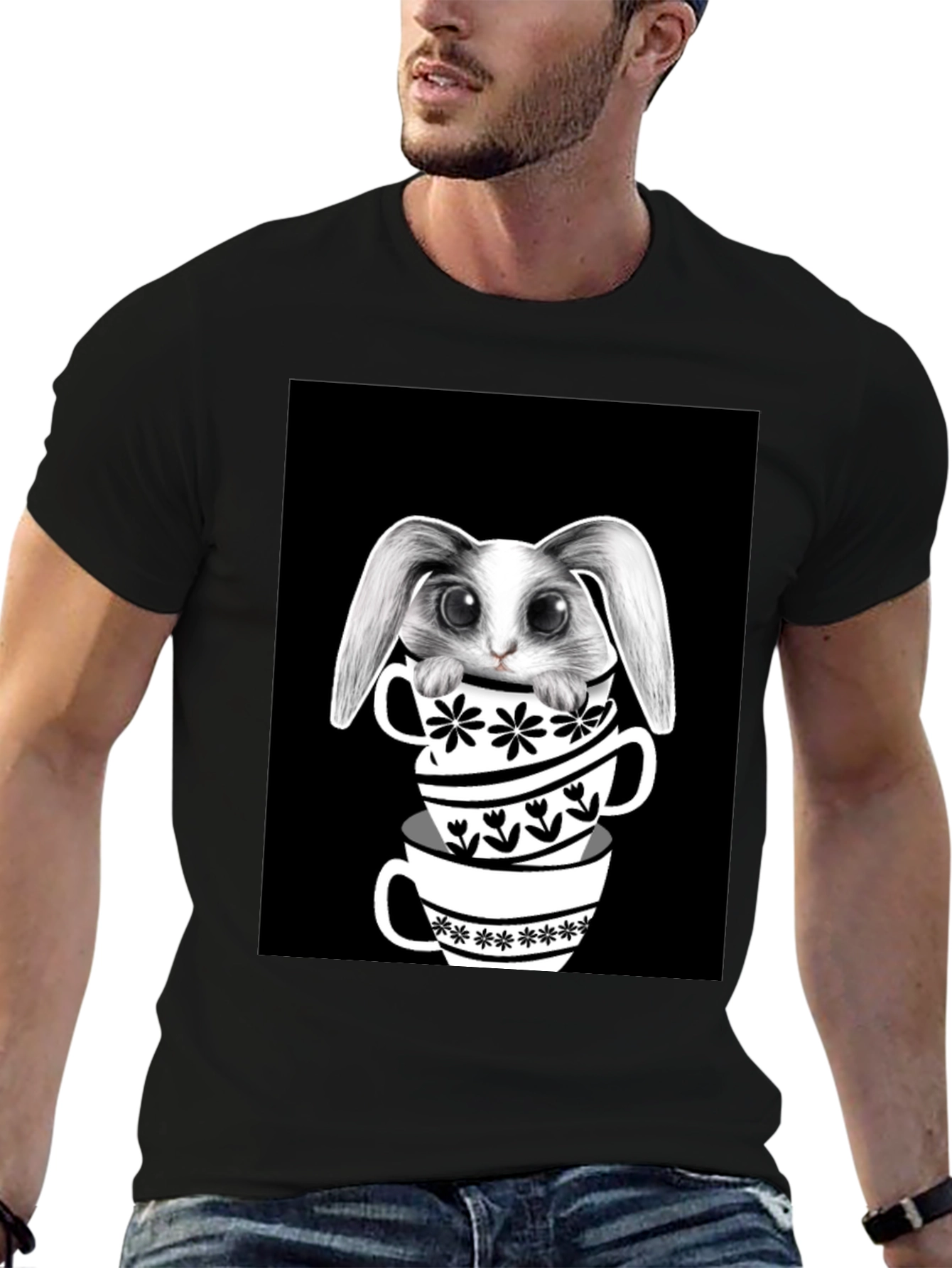 Black Rabbit in Teacups Graphic T-Shirt view 6