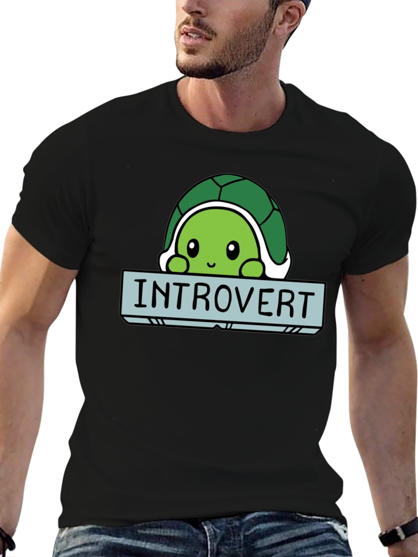 Black Introvert Turtle Graphic Tee - Soft Black Cotton T-Shirt view 6