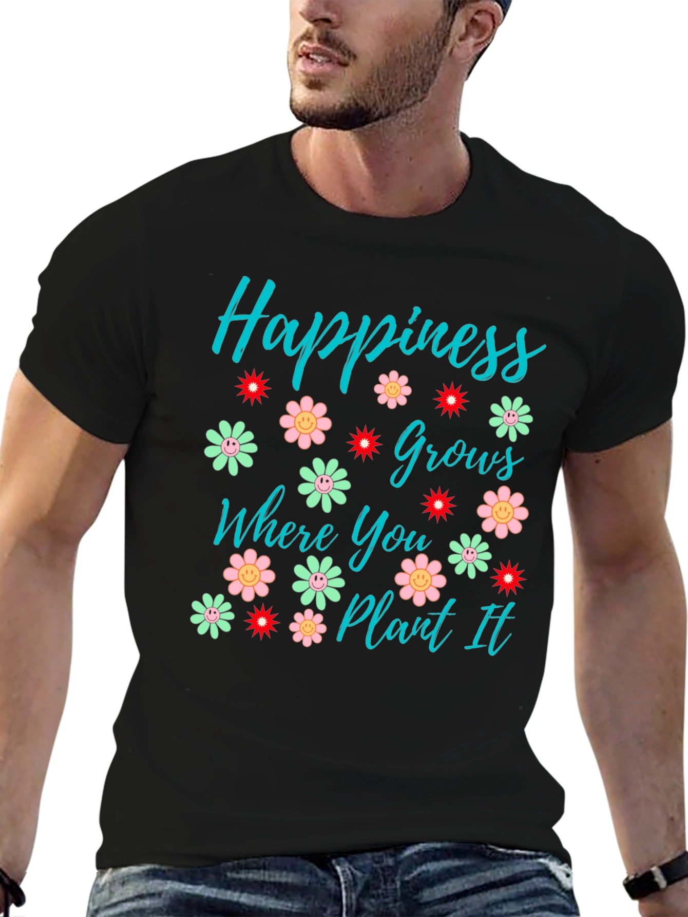 Black Happiness Grows T-Shirt - Floral Graphic Tee view 6