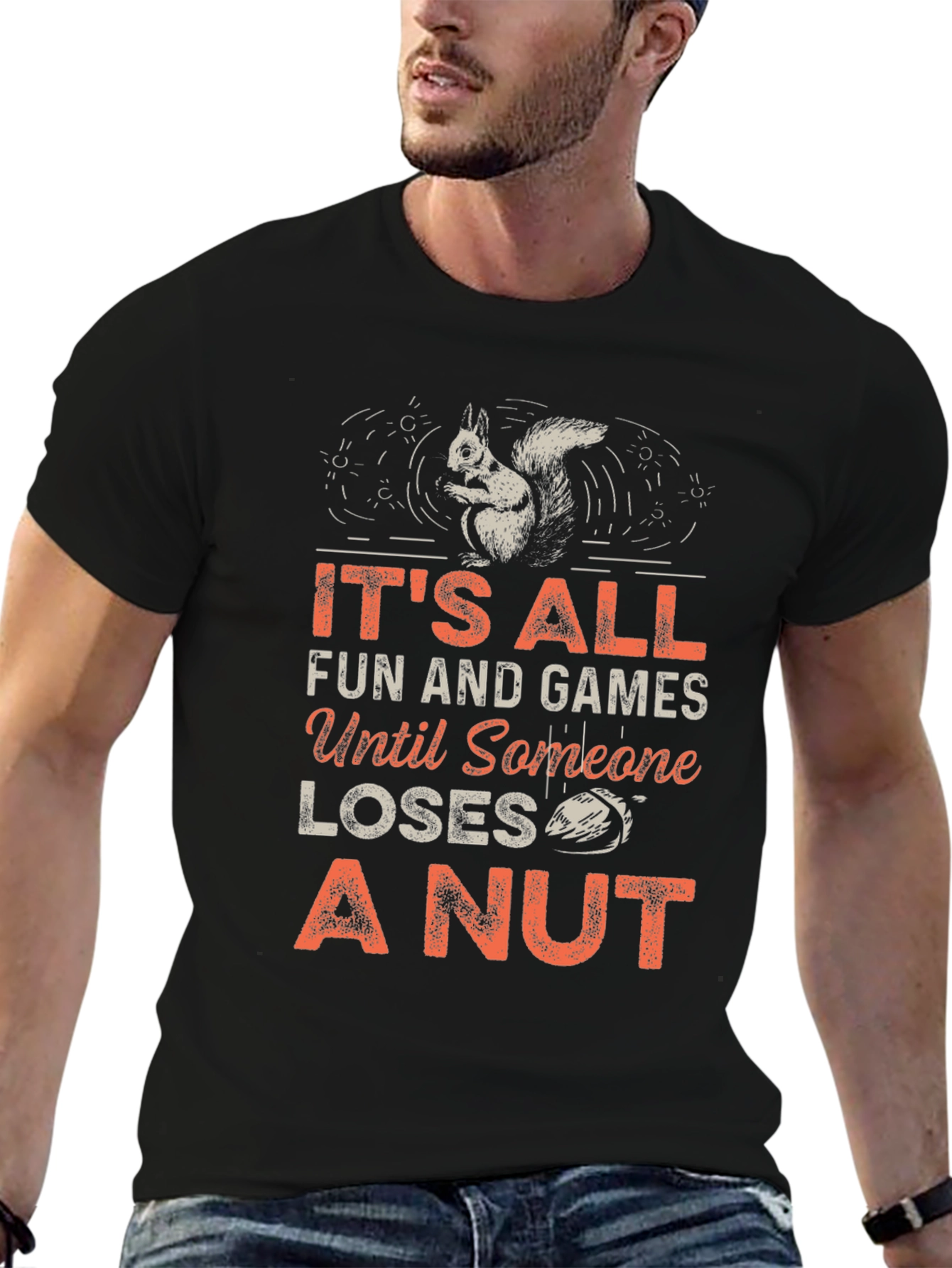 Black Squirrel 'Loses a Nut' Graphic Tee - Black Unisex T-Shirt view 6