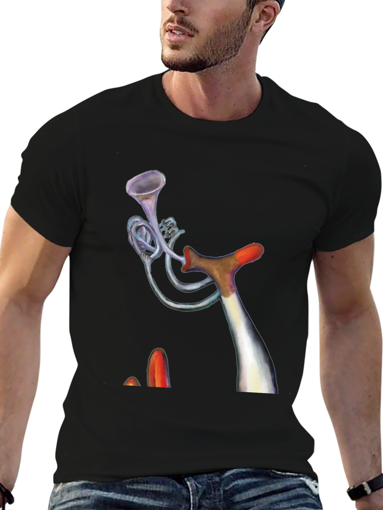 Black Unique Trumpet Design Black Tee view 6